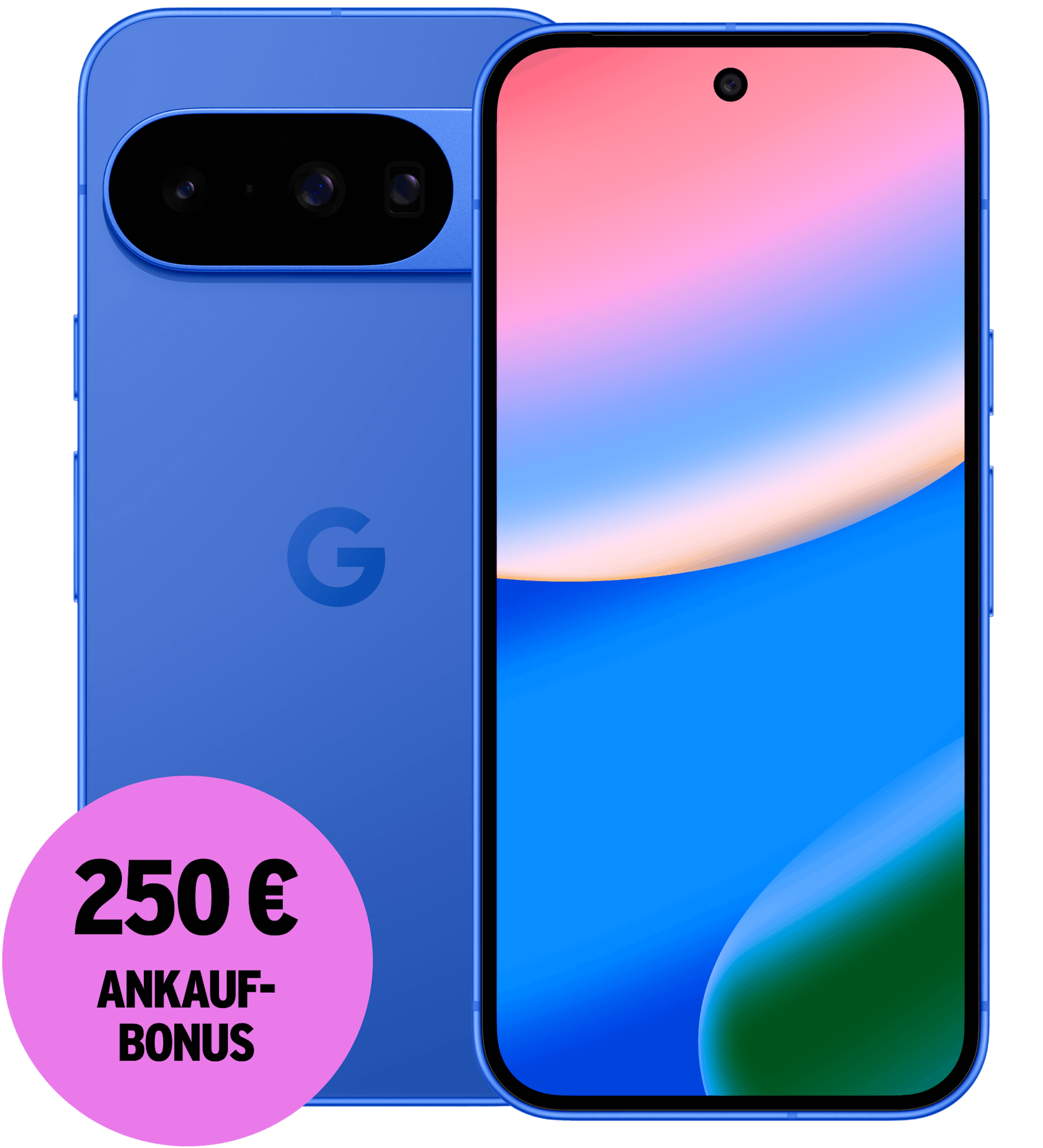 Vorder- und Rückansicht Google Pixel 10 Indigo. 250 € Ankaufbonus.