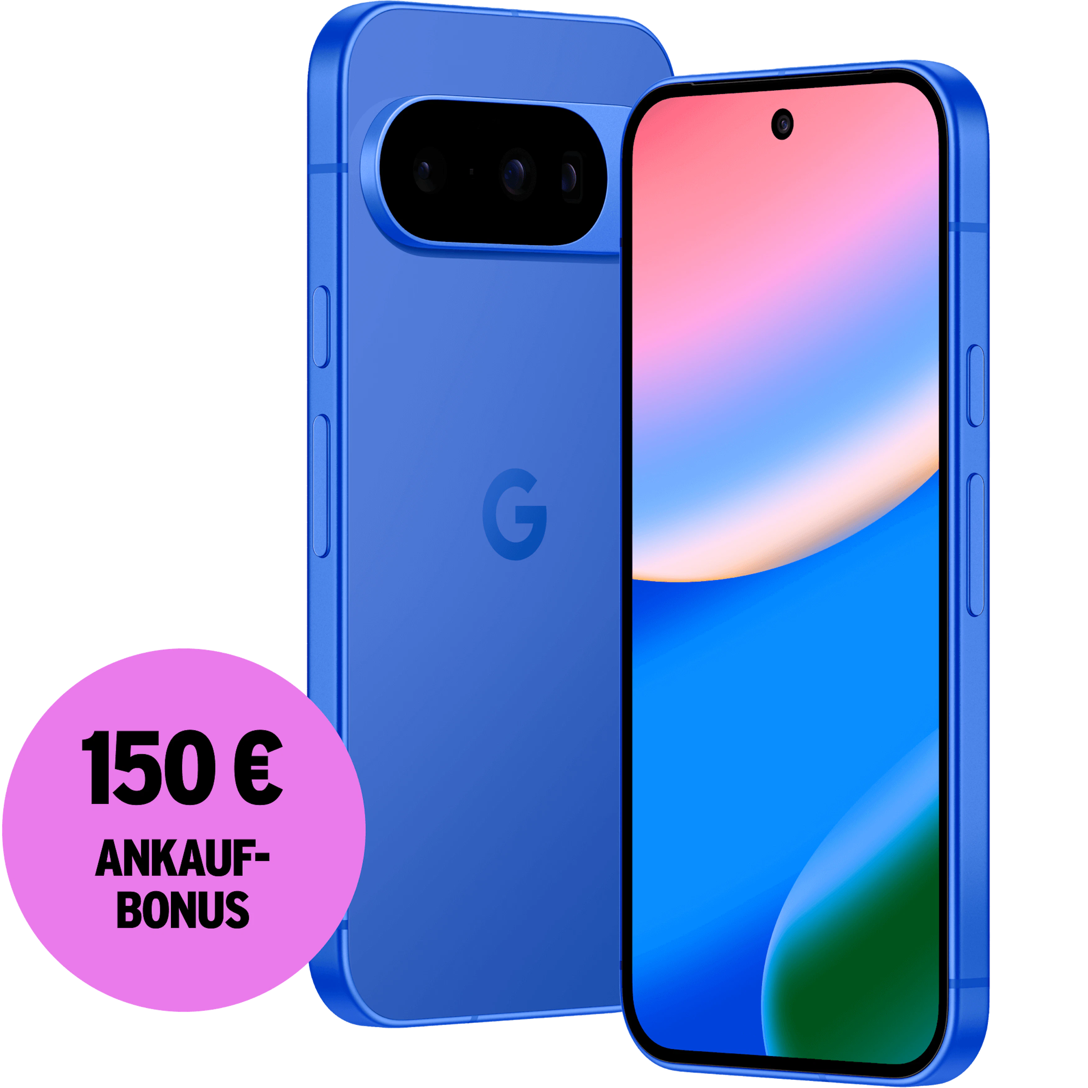 Seitliche Vorder- und Rückansicht Google Pixel 10 Indigo. 150 € Ankaufbonus.