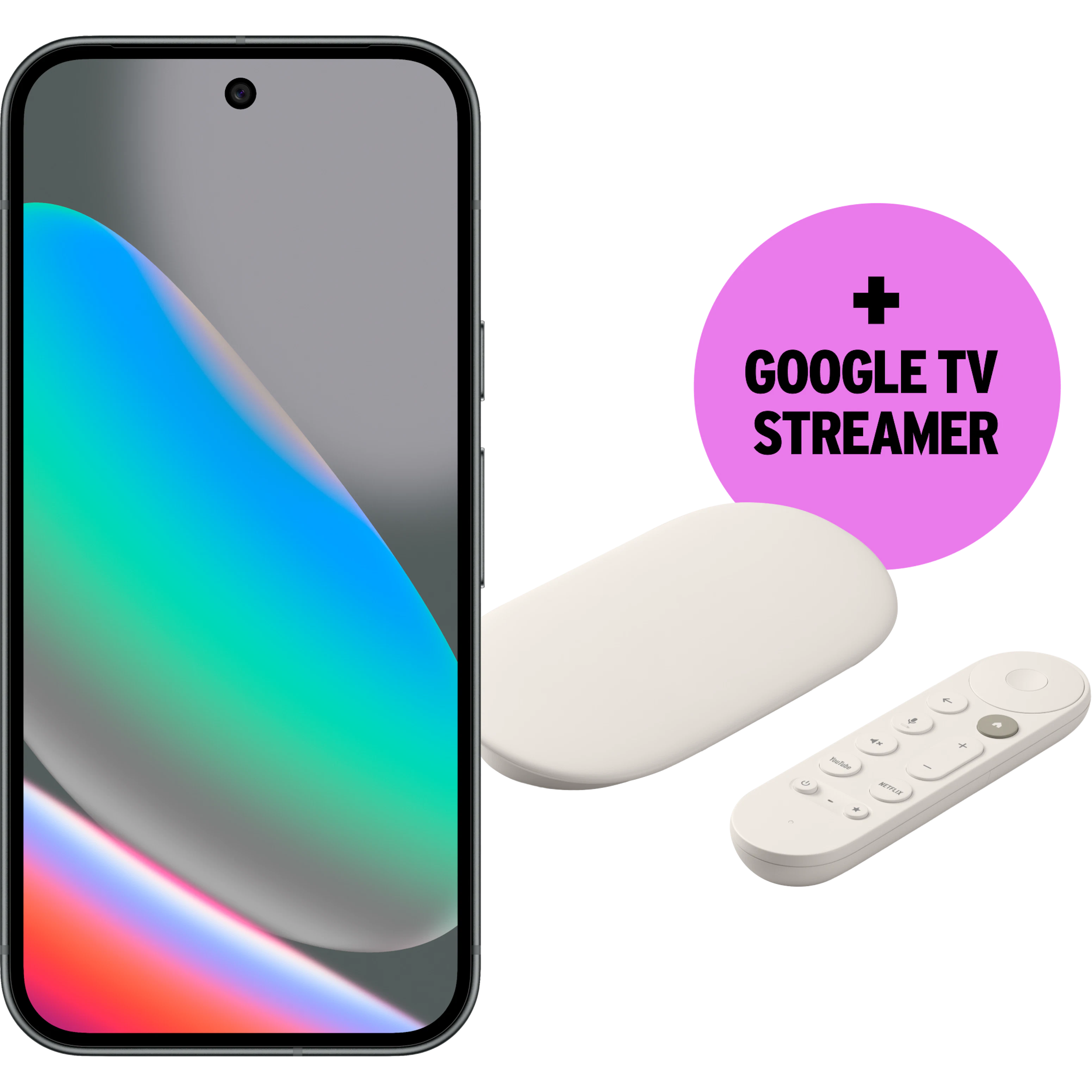 Google Pixel 10 neben einem Google-TV-Streamer (ovalem Gerät) und einer weißen Fernbedienung; pinker Kreis mit Text „+ GOOGLE TV STREAMER“.