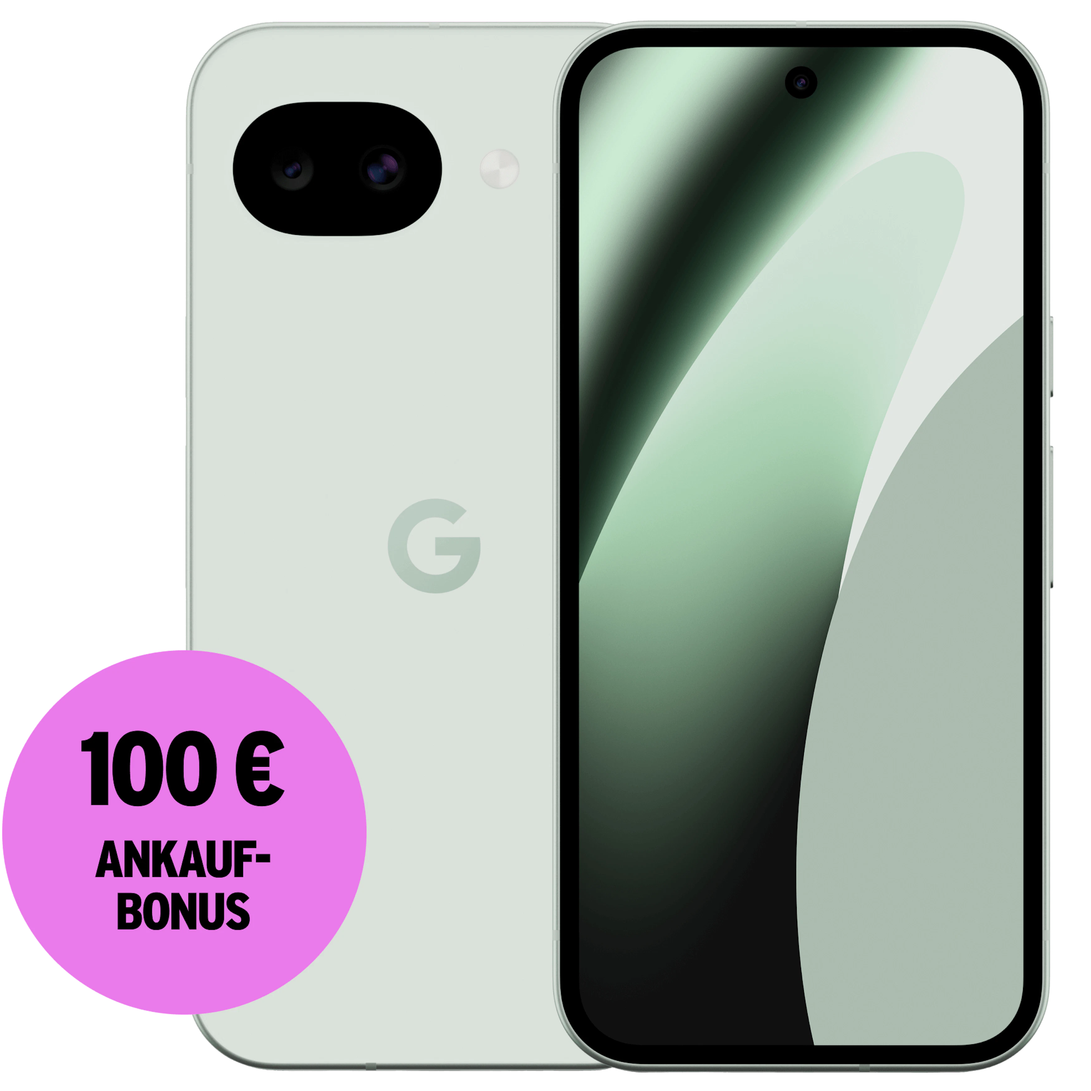 Vorder- und Rückansicht Google Pixel 10a Hellgrün. 100 € Ankaufbonus.