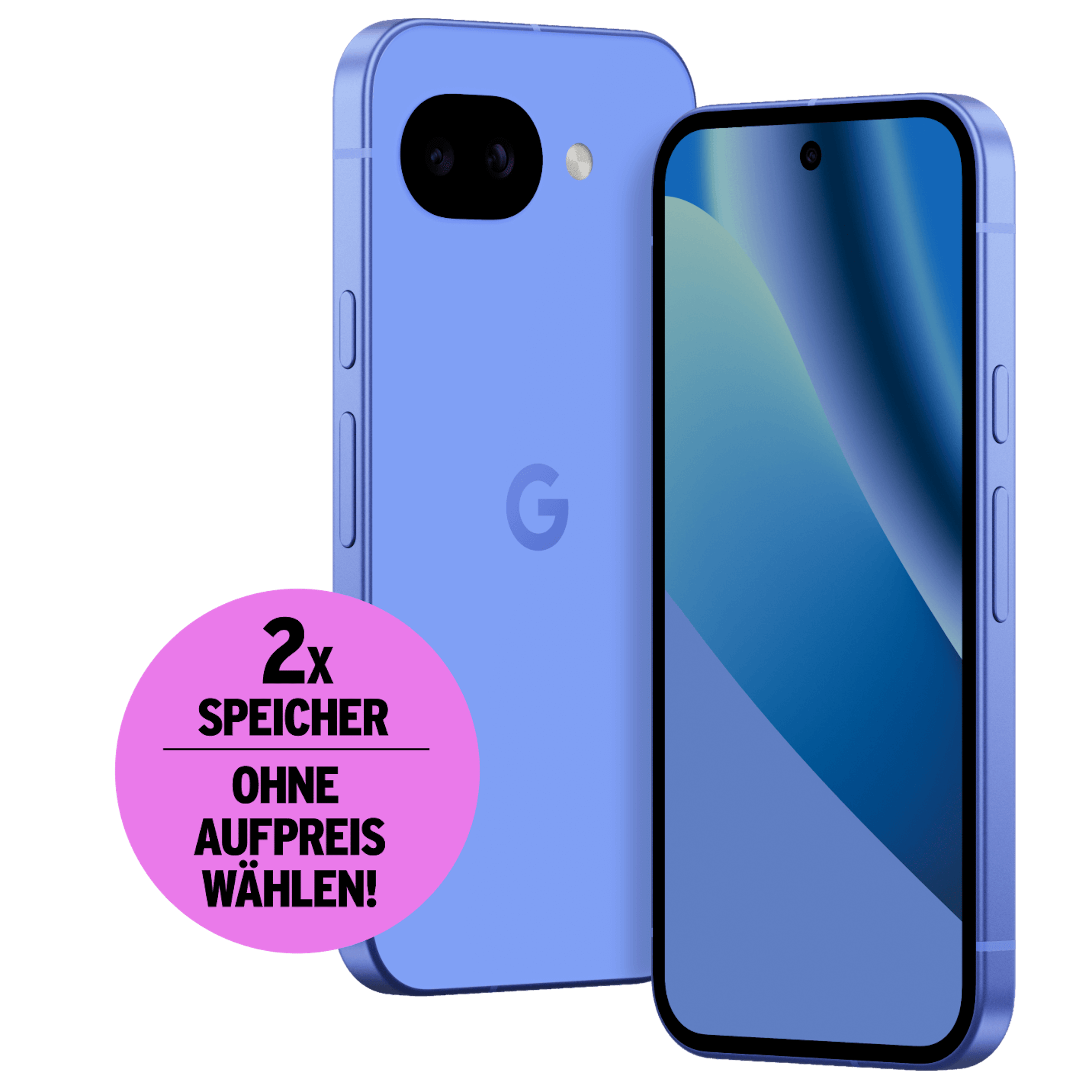 Schräge Vorder- und Rückansicht Google Pixel 10a Lavendel. Doppelten Speicher ohne Aufpreis wählen.