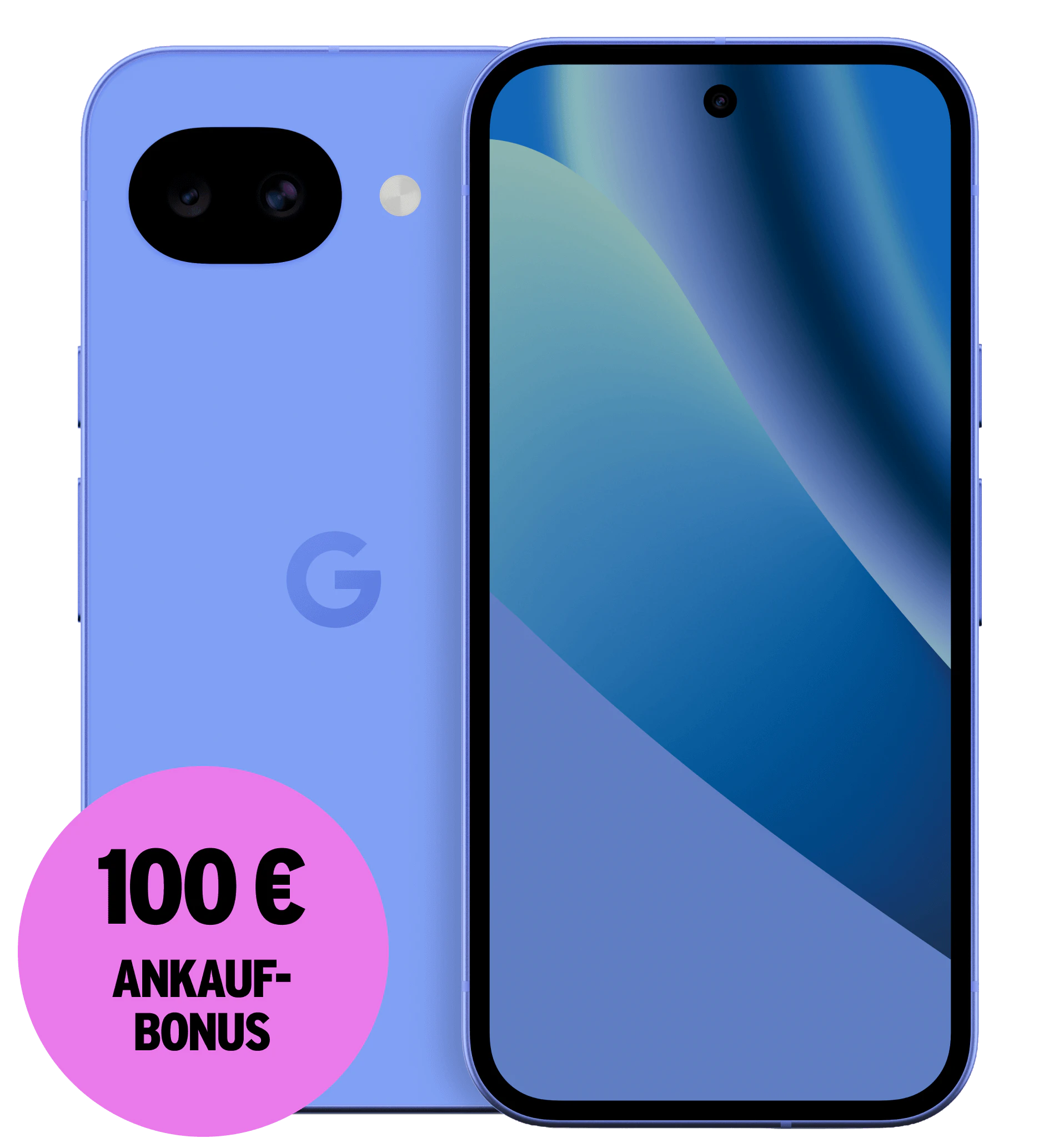 Vorder- und Rückansicht Google Pixel 10a Lavendel. 100 € Ankaufbonus.