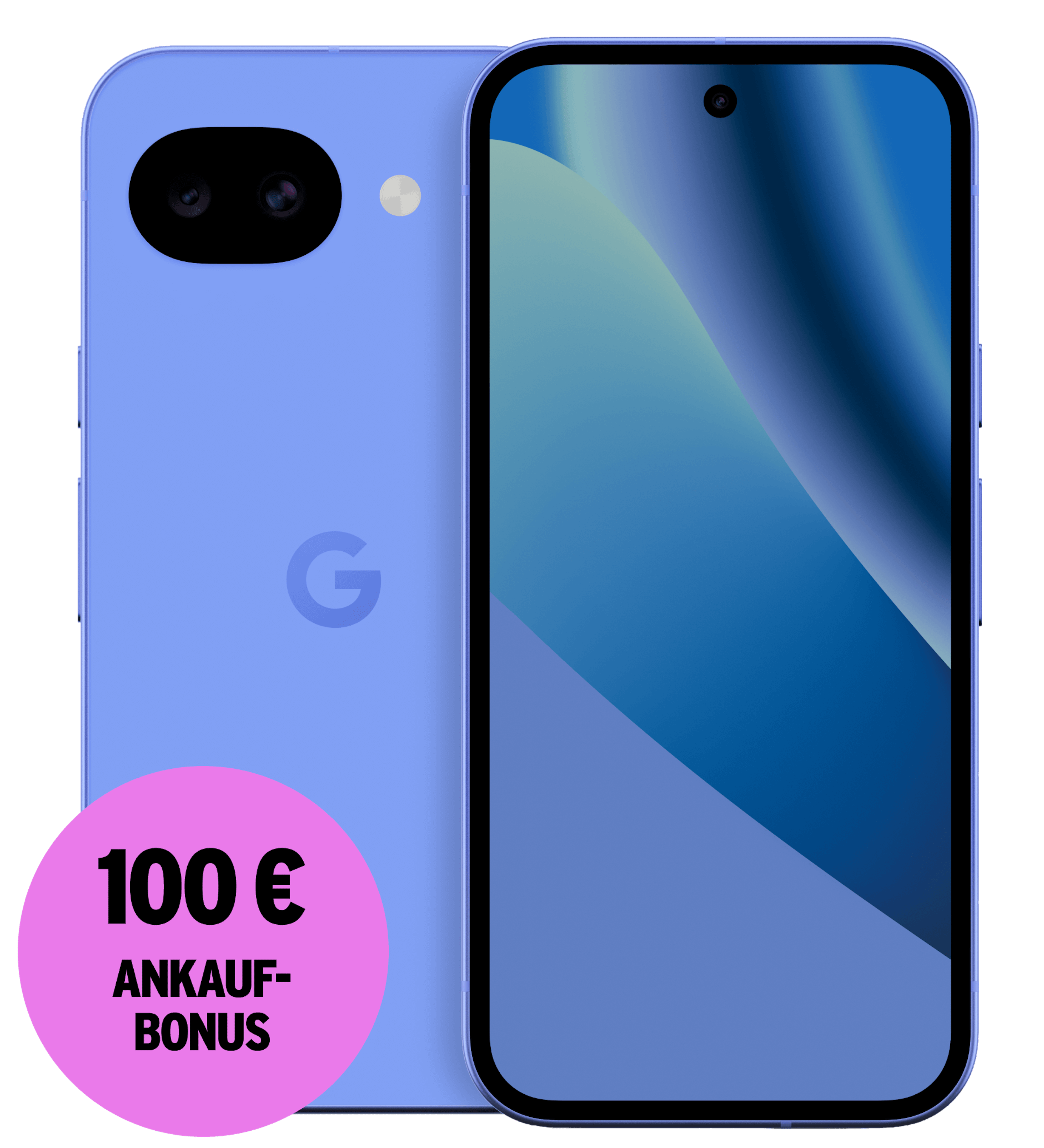 Vorder- und Rückansicht Google Pixel 10a Lavendel. 100 € Ankaufbonus.