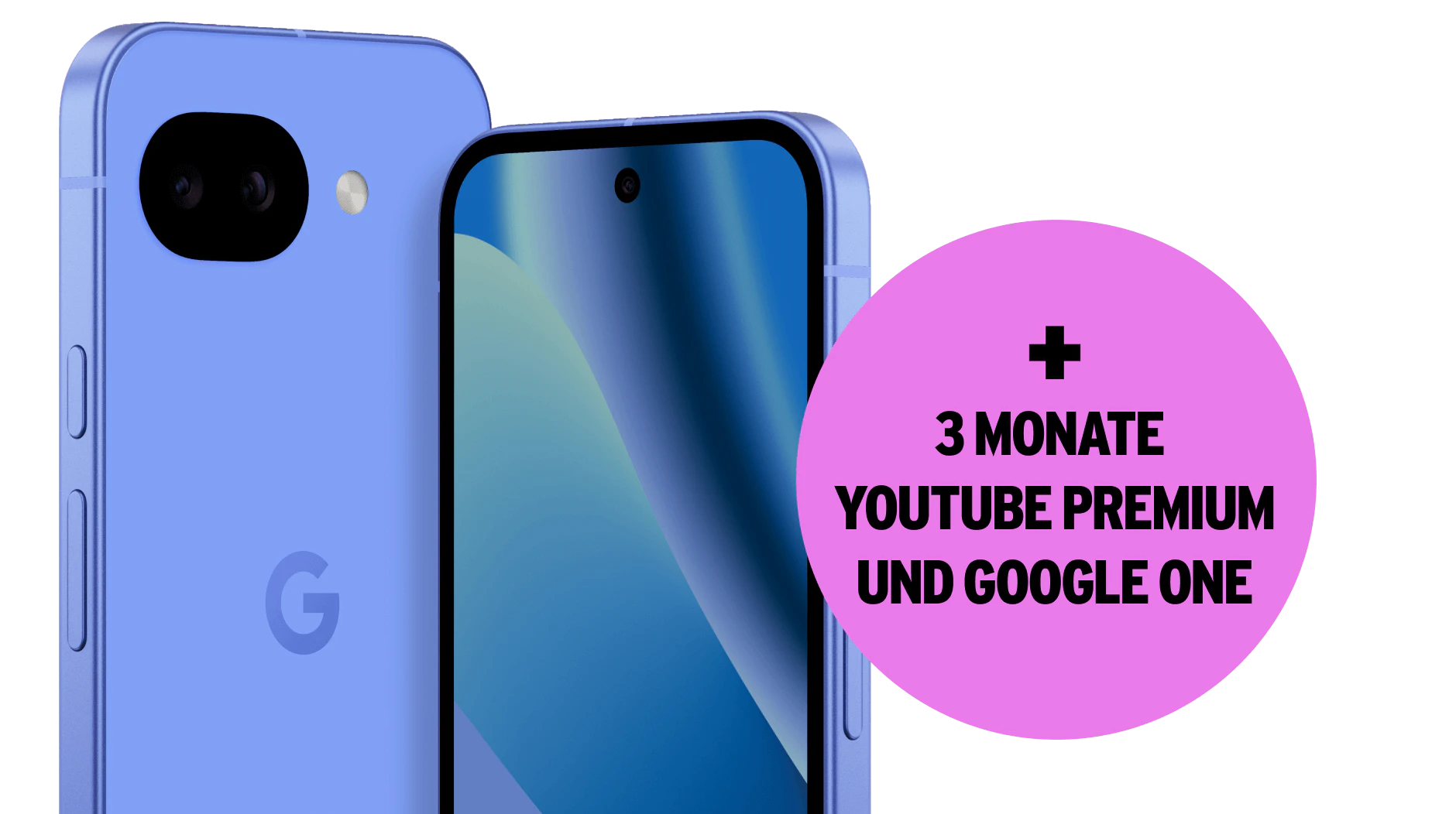 Schräge Vorder- und Rückansicht Google Pixel 10a Lavendel + 3 Monate YouTube Premium und Google One.