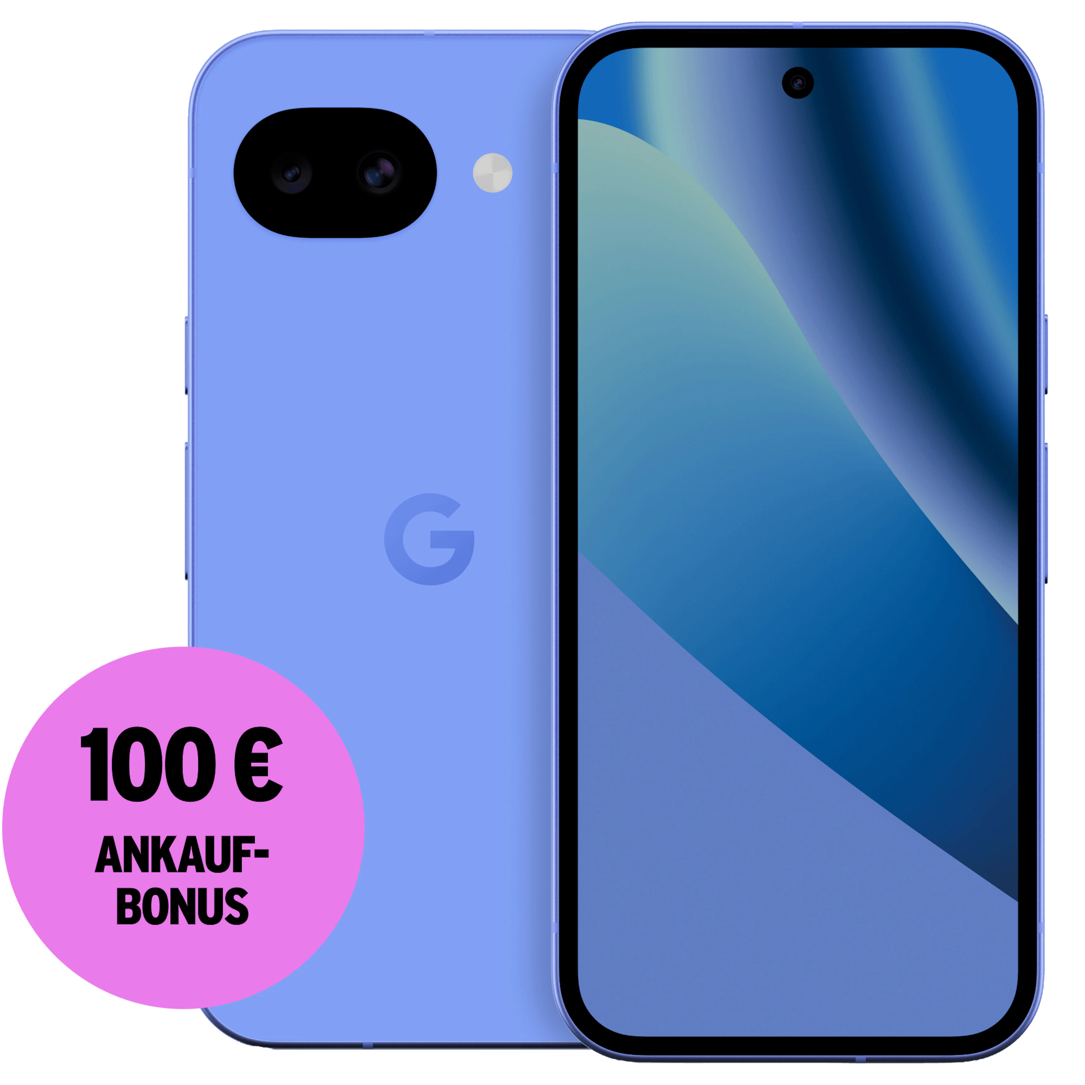 Vorder- und Rückansicht Google Pixel 10a Lavendel. 100 € Ankaufbonus.