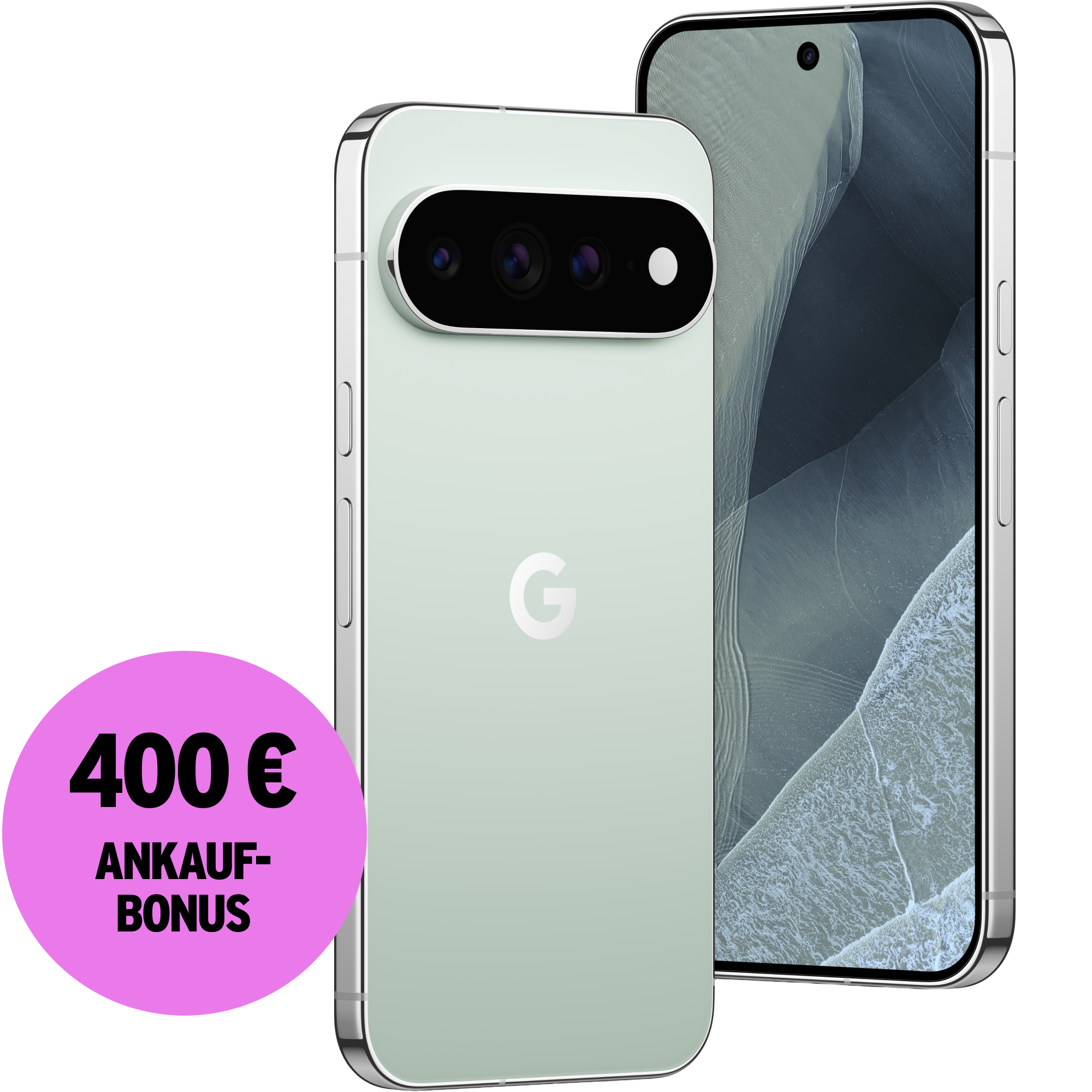 Schräge Vorder- und Rückansicht Google Pixel 11 Pro XL Fog. 400 € Ankaufbonus.