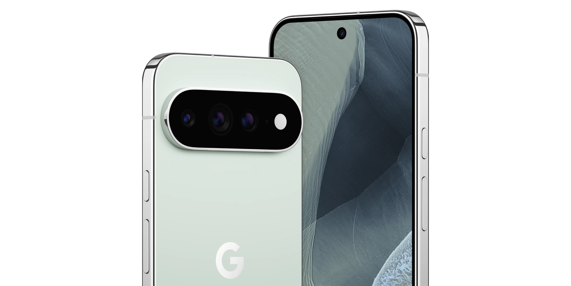 Schräge Vorder- und Rückansicht Google Pixel 11 Pro XL Fog.