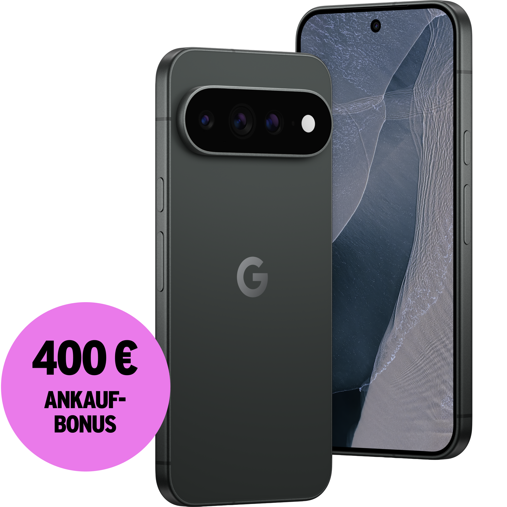 Schräge Vorder- und Rückansicht Google Pixel 11 Pro XL Schwarz.
