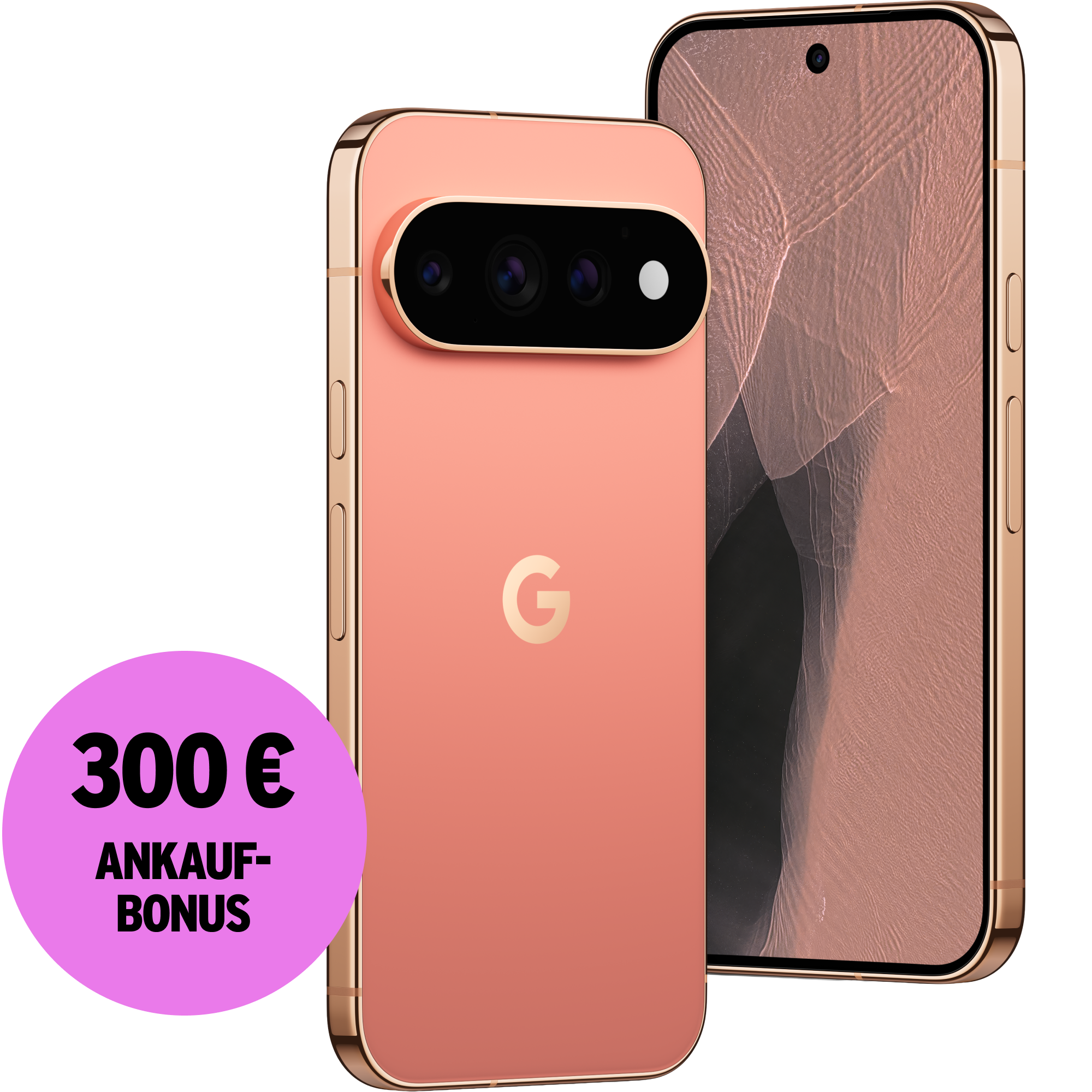 Schräge Vorder- und Rückansicht Google Pixel 11 Pro Canyon. 300 € Ankaufbonus.