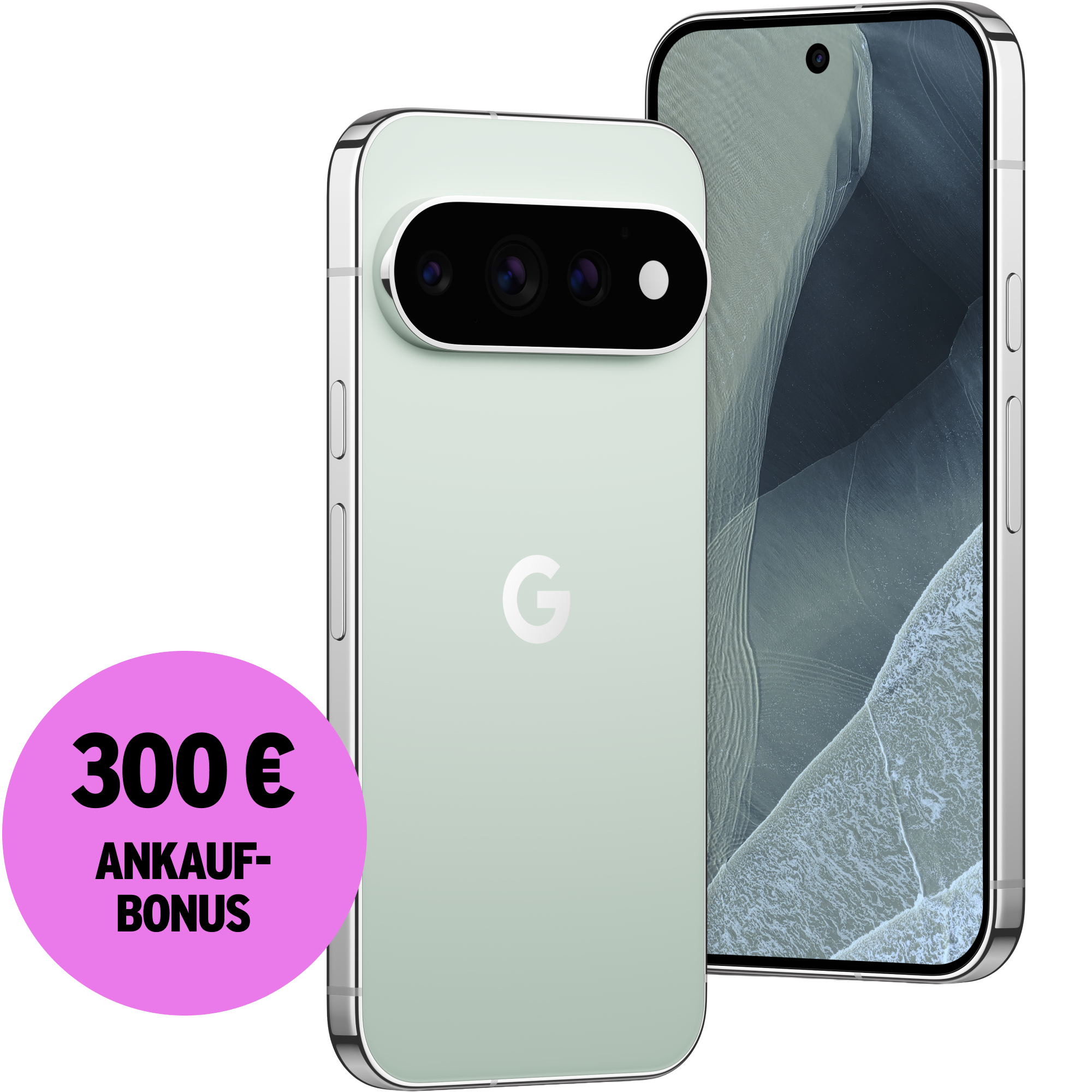 Schräge Vorder- und Rückansicht Google Pixel 11 Pro Fog. 300 € Ankaufbonus.