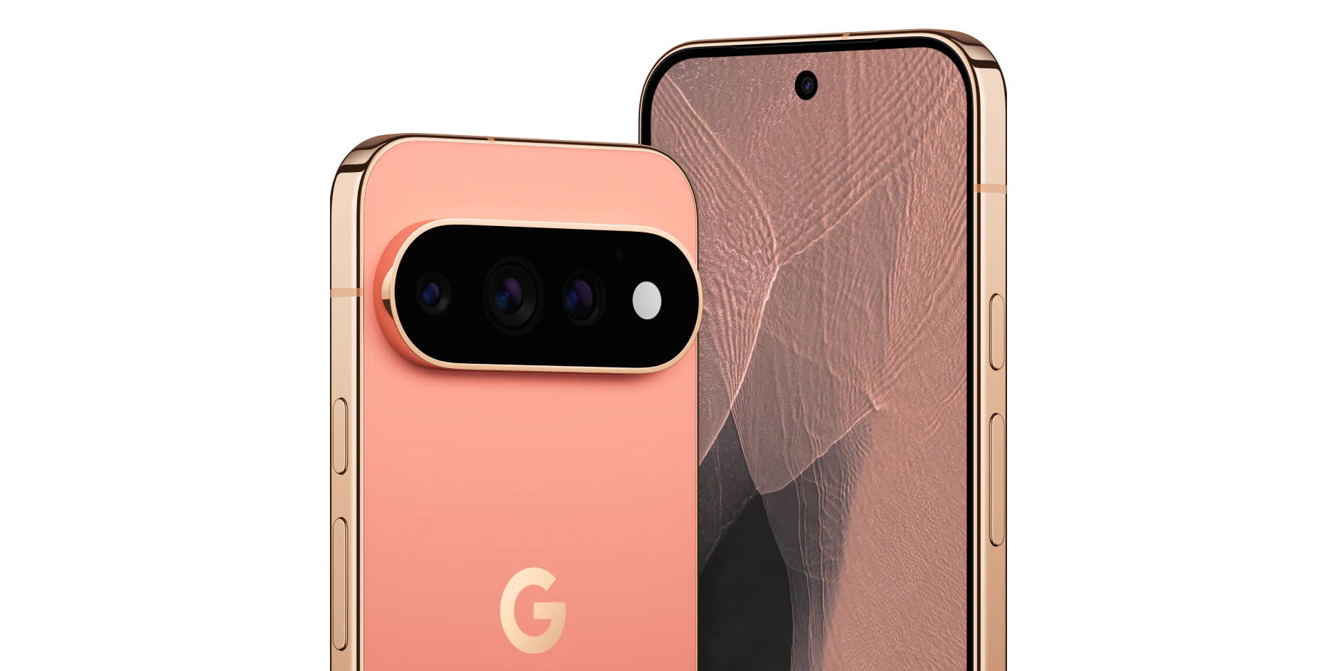 Schräge Vorder- und Rückansicht Google Pixel 11 Pro Canyon.