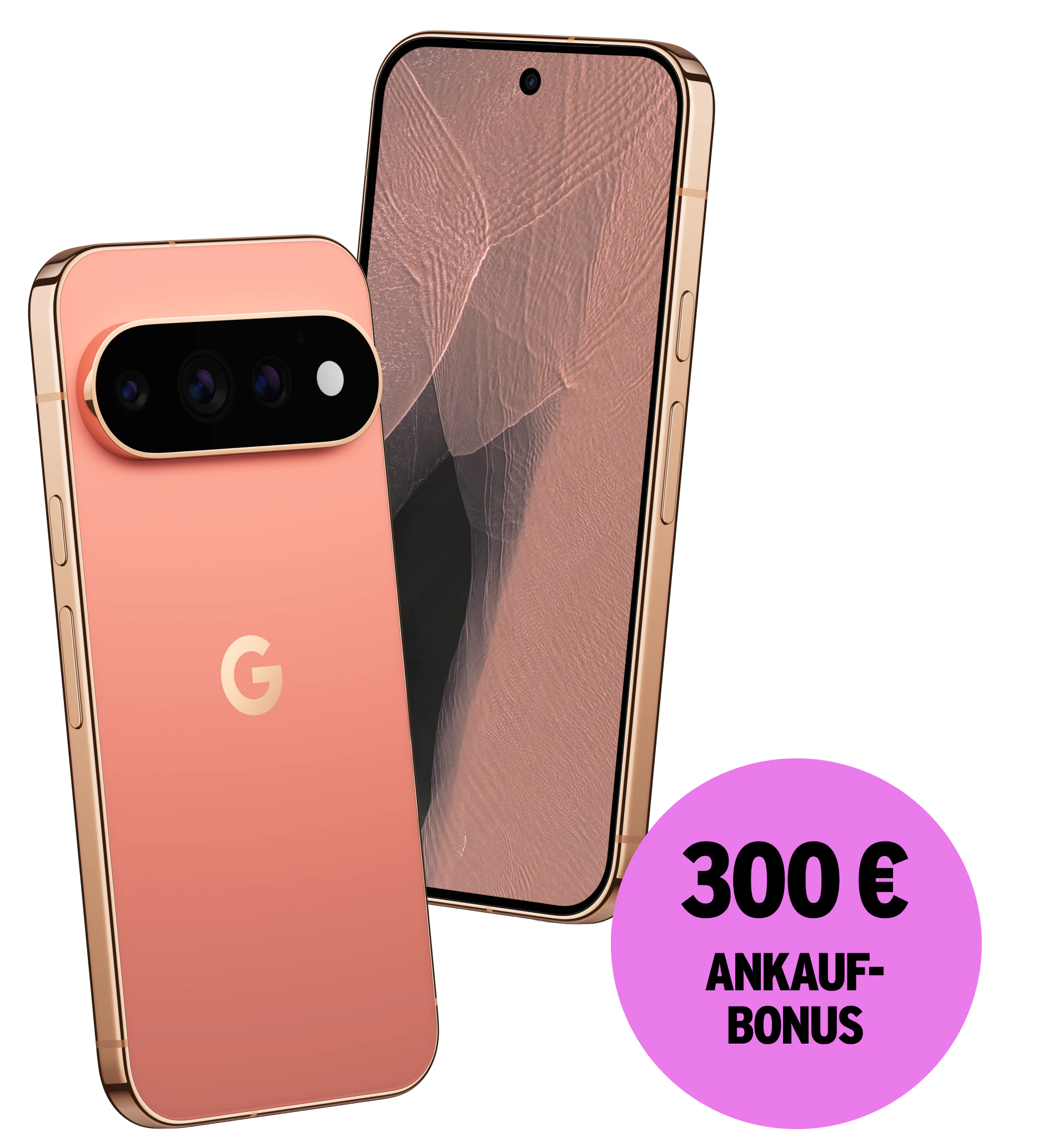 Vorder- und Rückansicht Google Pixel 11 Pro Canyon. 300 € Ankaufbonus.