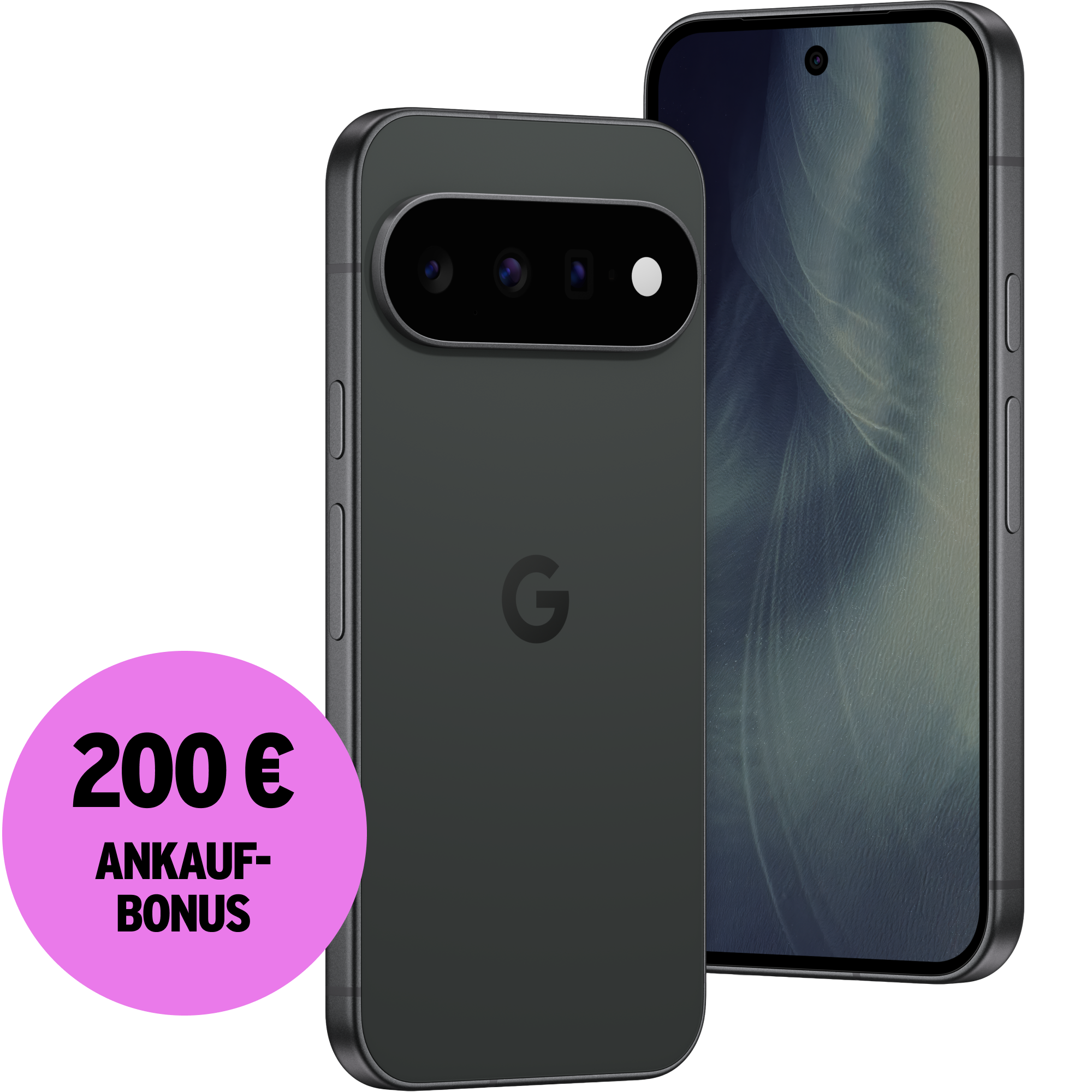 Schräge Vorder- und Rückansicht Google Pixel 11 Schwarz. 200 € Akaufbonus.