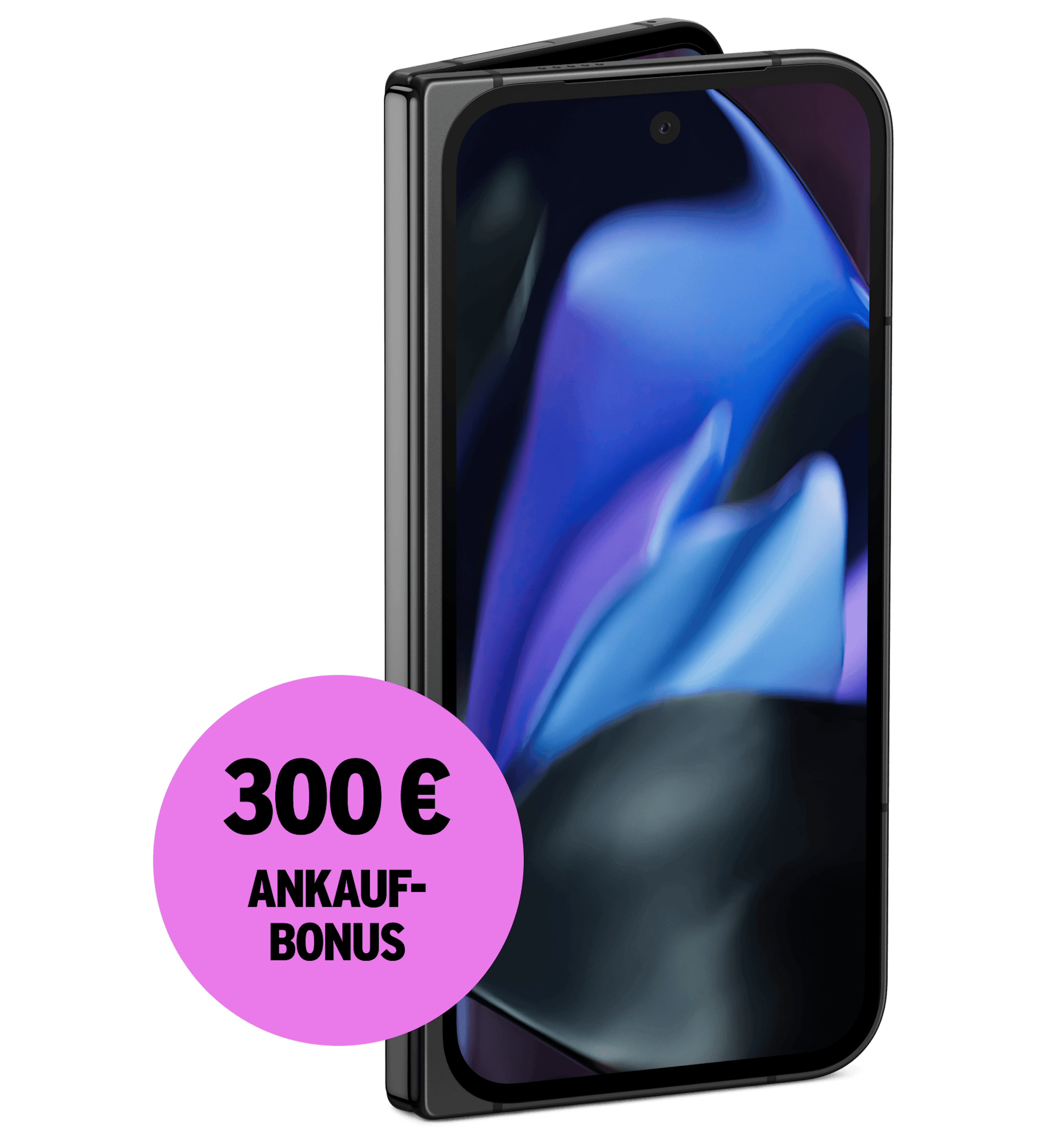 Highlight Bild vom Gerät Vorderansicht Google Pixel 9 Pro Fold Obsidian gefaltet. 300 € Ankaufbonus.