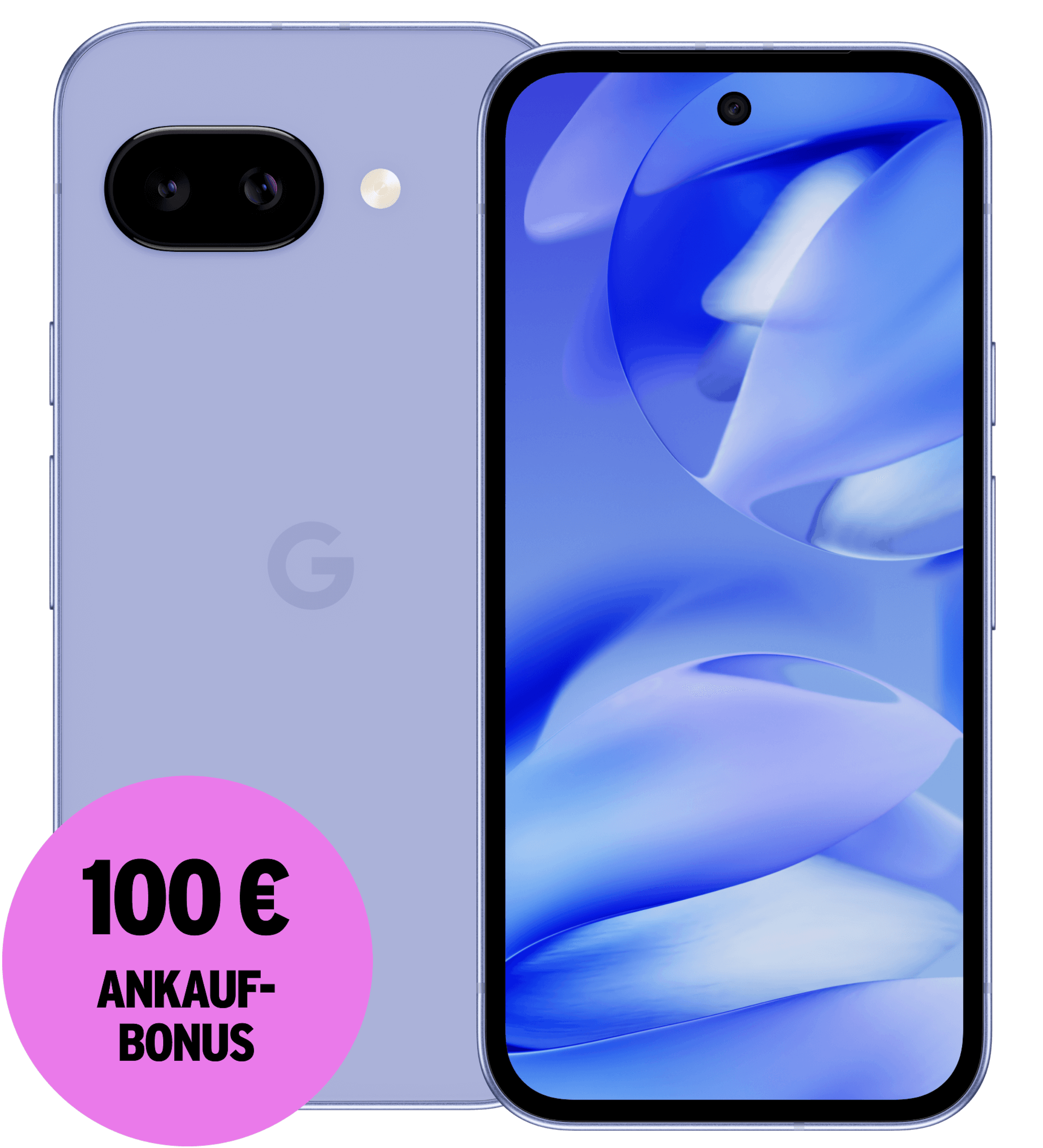 Vorder- und Rückansicht Google Pixel 9a. 100 € Ankaufbonus.