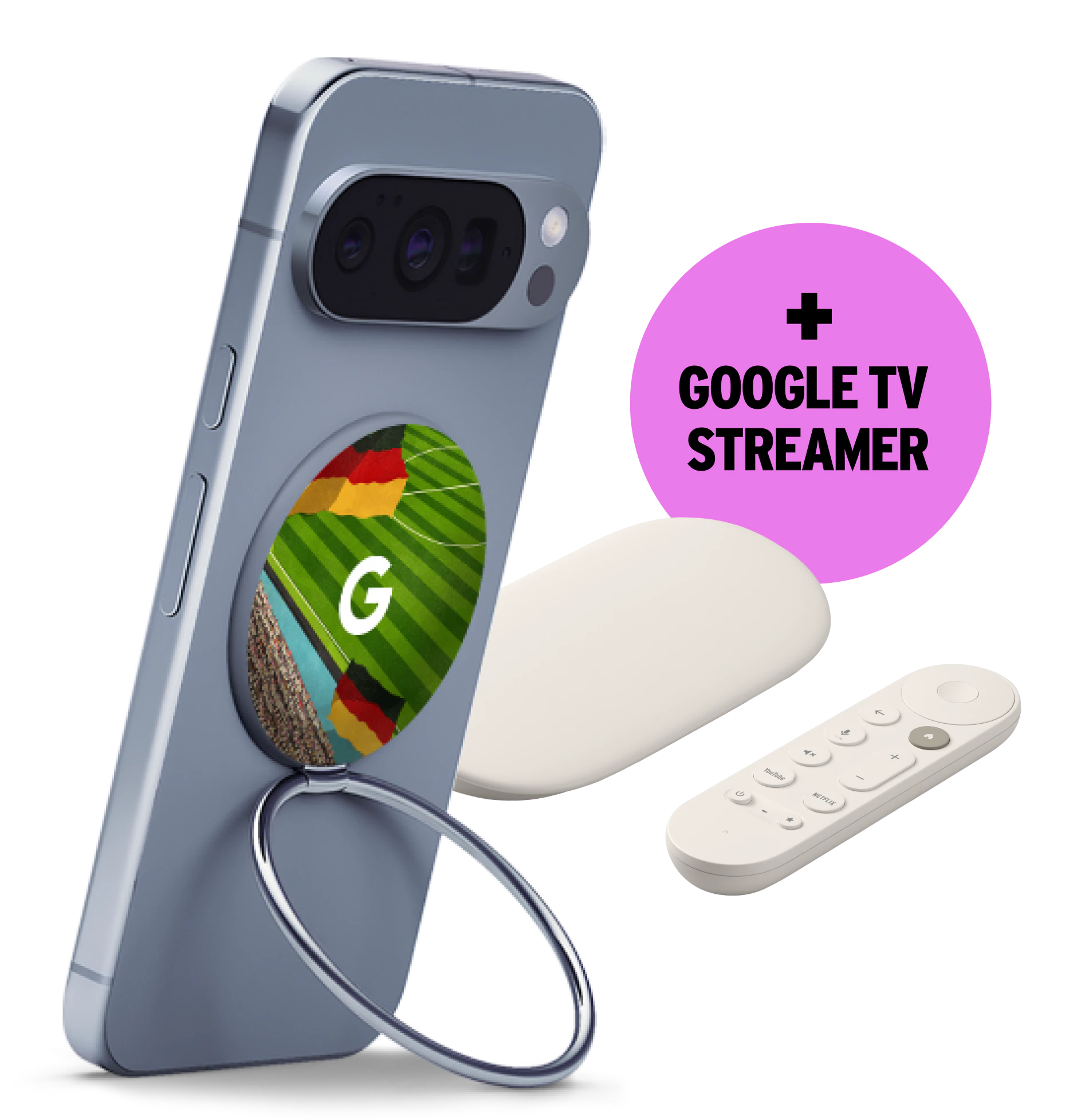 Rückseite eines Smartphones aus der Google Pixel 10 Serie mit Kameramodul und Fingerhalterung; daneben Google-TV-Streamer (ovales Gerät) und weiße Fernbedienung, dazu pinker Kreis mit „+ GOOGLE TV STREAMER“.