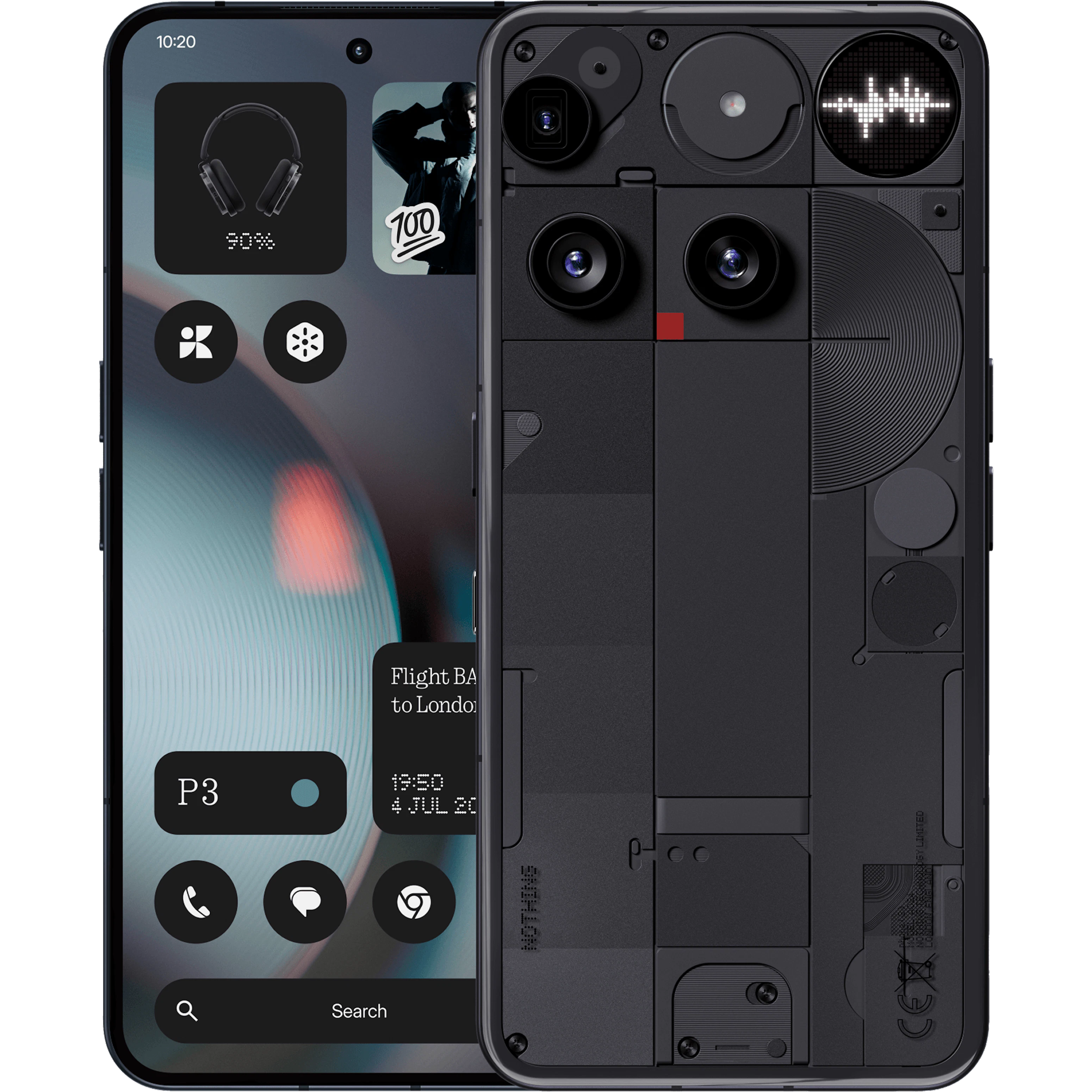 Vorder- und Rückansicht Nothing Phone 3 Schwarz. Vorder- und Rückansicht Nothing Phone 3 Schwarz.