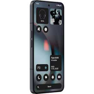Schräge Vorderansicht Nothing Phone 3 Schwarz. Schräge Vorderansicht Nothing Phone 3 Schwarz.