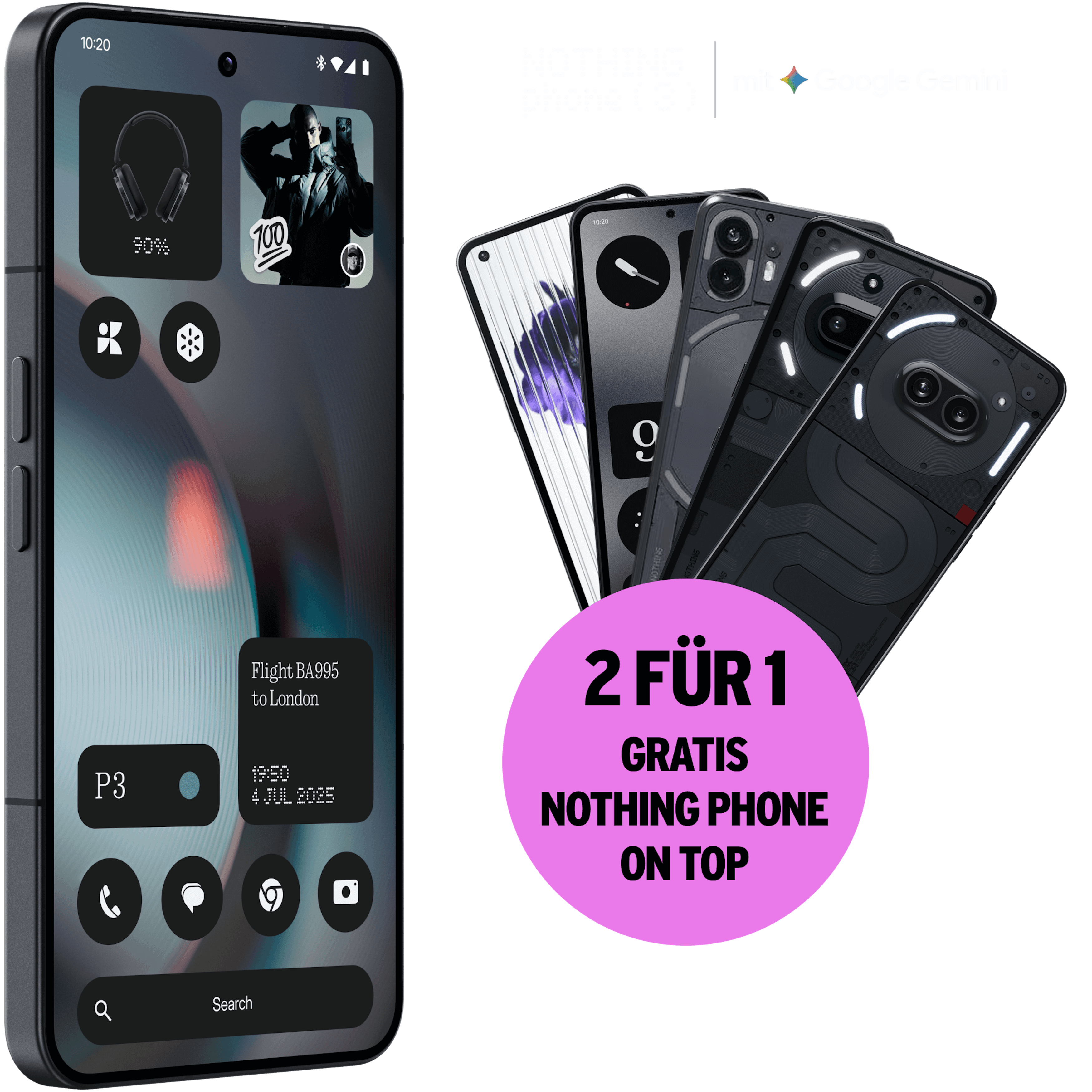 Schräge Vorderansicht Nothing Phone 3 Schwarz. 2 für 1 gratis Nothing Phone on top. Abbildung weiter 5 Nothing Phones: Nothing Phone (1), CMF Phone (1), Nothing Phone (2a), Nothing Phone (2), Nothing Phone (3a), Nothing Phone (3a) Pro.