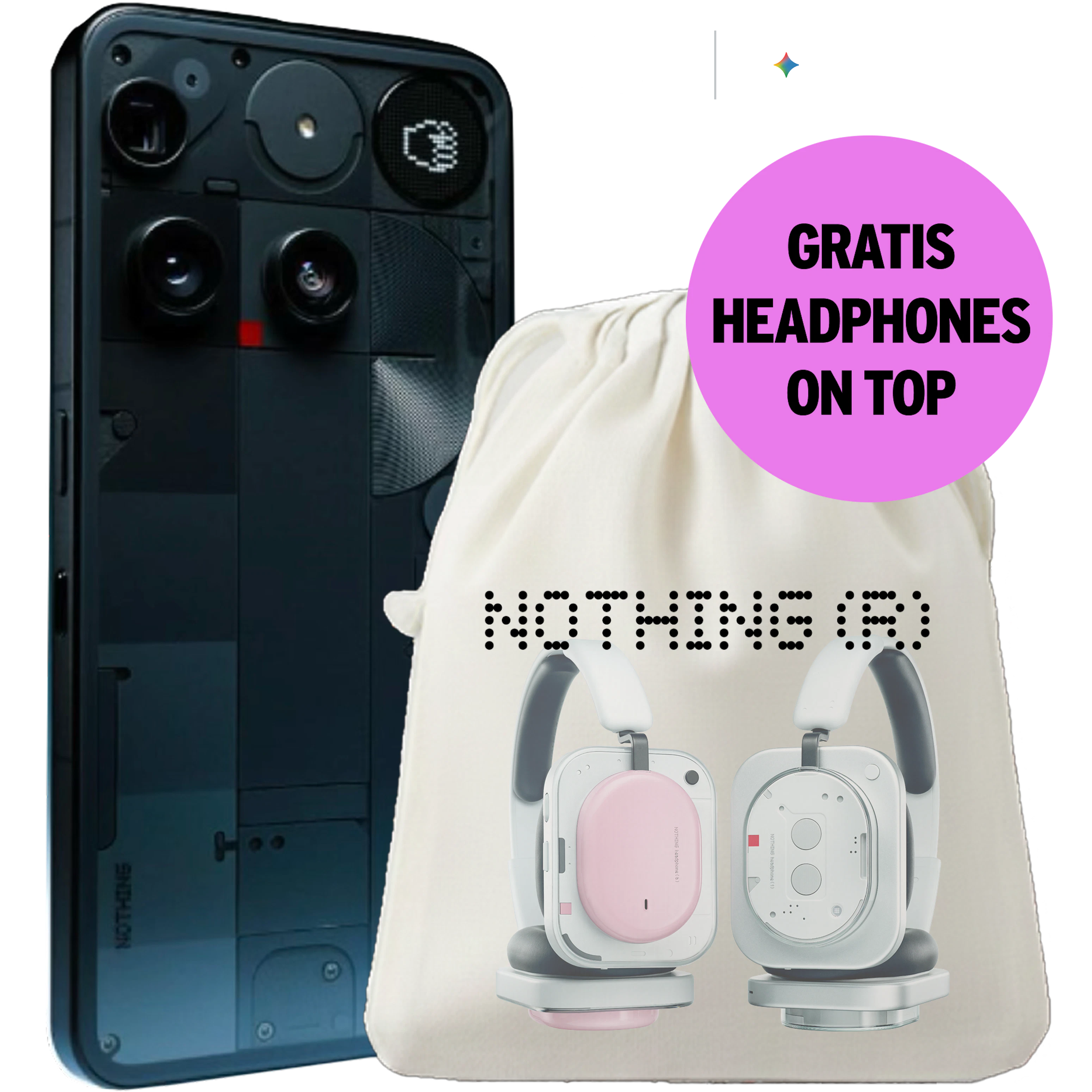 Schräge Rückansicht Nothing Phone 3 Schwarz. Beutel mit Nothing Headphone (1) und Nothing Headphone (a). Gratis Headphones on Top.
