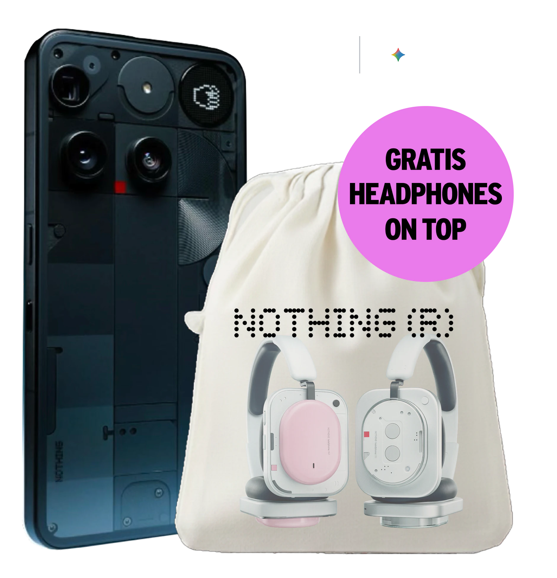 Schräge Rückansicht Nothing Phone 3 Schwarz. Beutel mit Nothing Headphone (1) und Nothing Headphone (a). Gratis Headphones on Top.