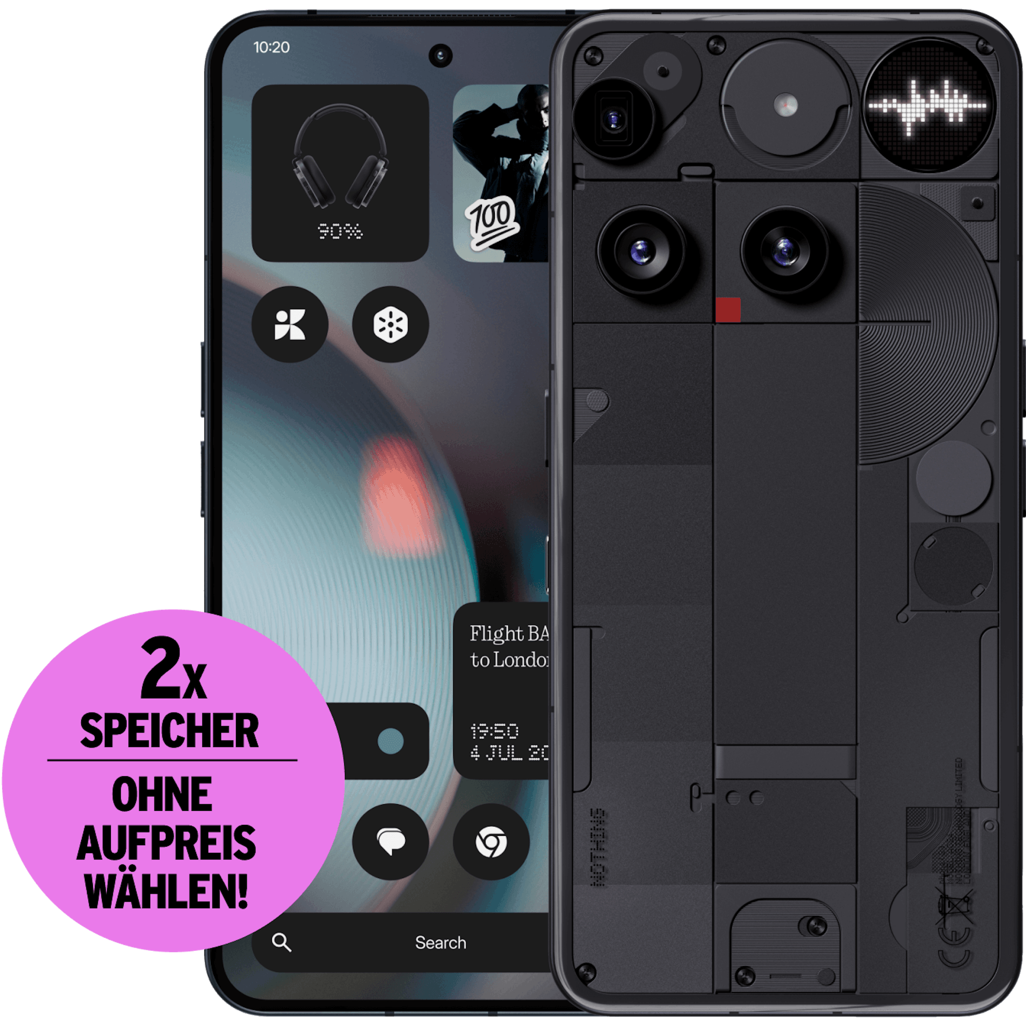 Highlight Bild vom Gerät Vorder- und Rückansicht Nothing Phone 3 Schwarz. Doppelten Speicher ohne Aufpreis wählen.