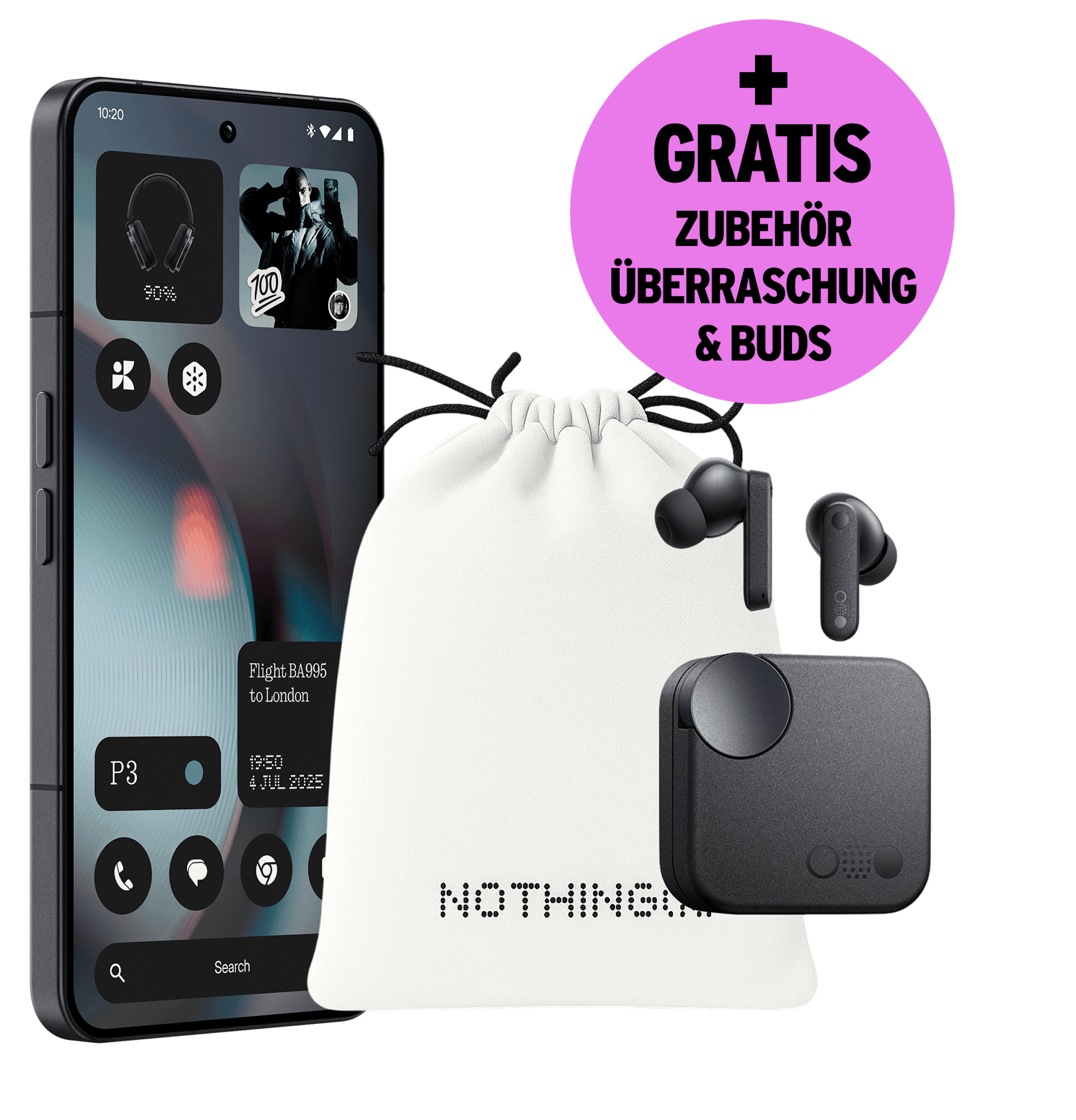 Schräge Vorderansicht Nothing Phone 3 Schwarz. Gratis Zubehör Überraschung und Buds.