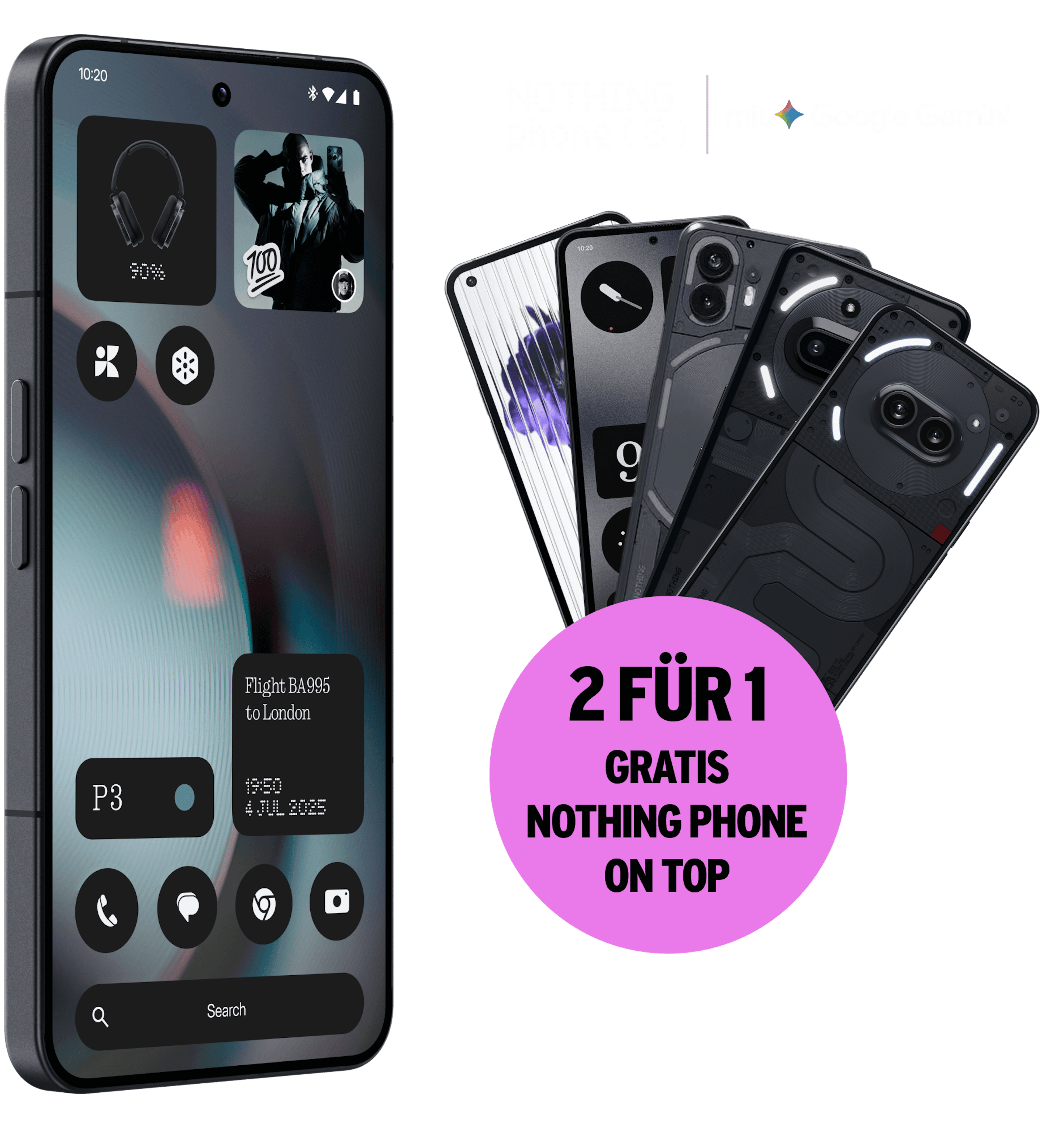 Schräge Vorderansicht Nothing Phone 3 mit Google Gemini. 2 für 1 Gratis Nothing Phone on Top. Mehrere Nothing Phones fächerförmig angeordnet.