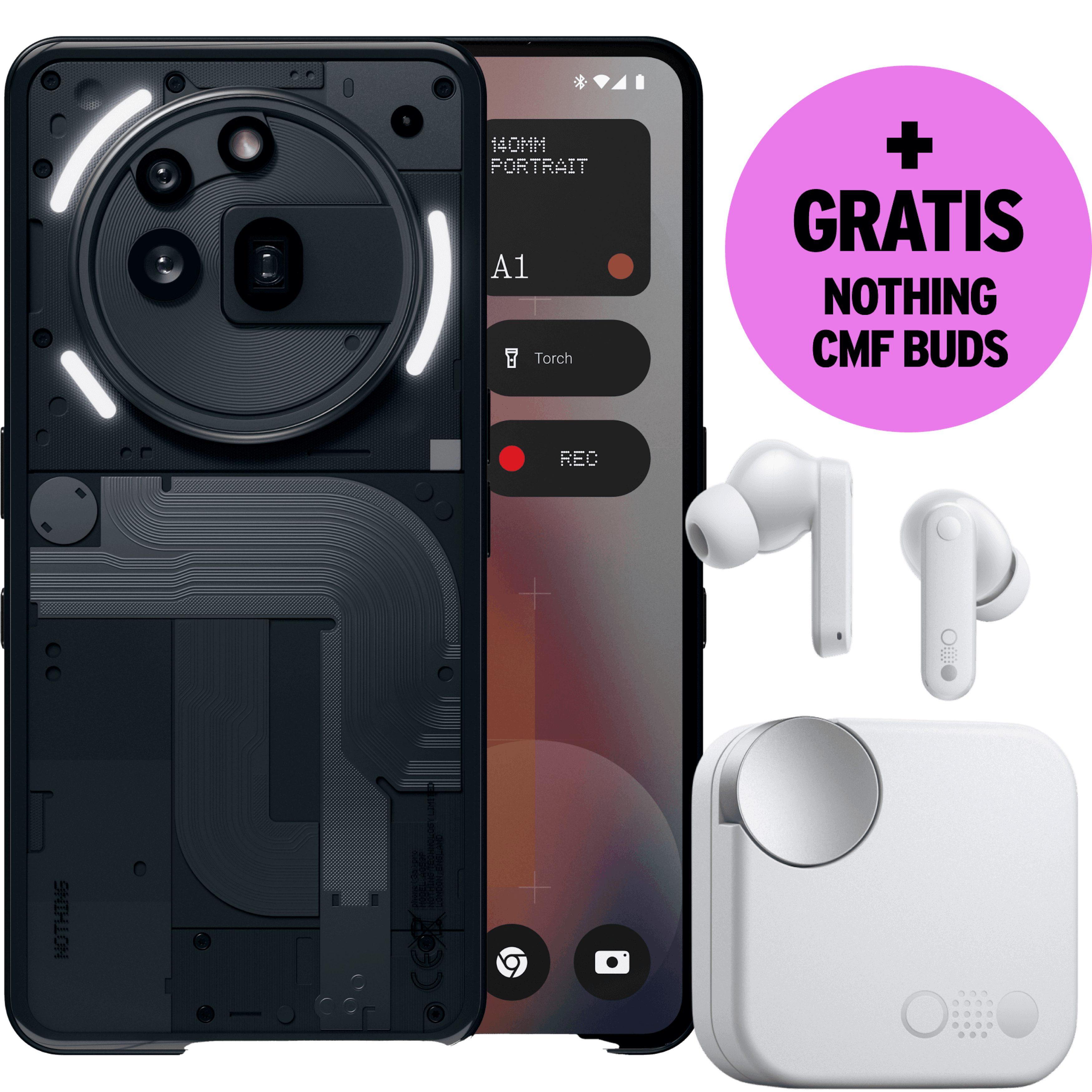 Vorder- und Rückansicht Nothing Phone 3a Pro + Gratis Nothing CMF Buds