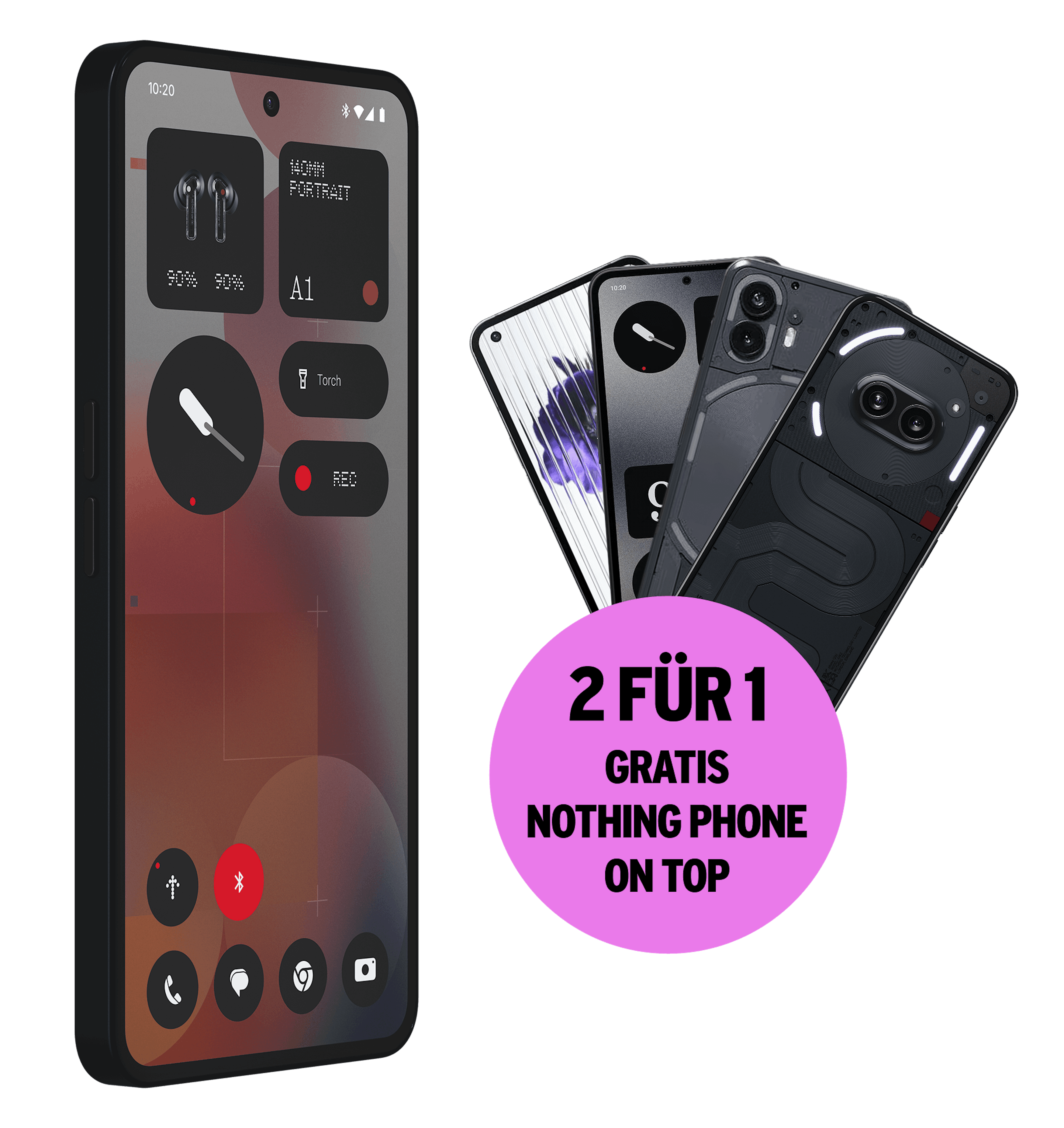 Schräge Vorderansicht Nothing Phone 3a Pro Schwarz. 2 für 1 gratis Nothing Phone on top. Abbildung 4 weiterer Nothing Phones: Nothing Phone (1), CMF Phone (1), Nothing Phone (2a), Nothing Phone (2).