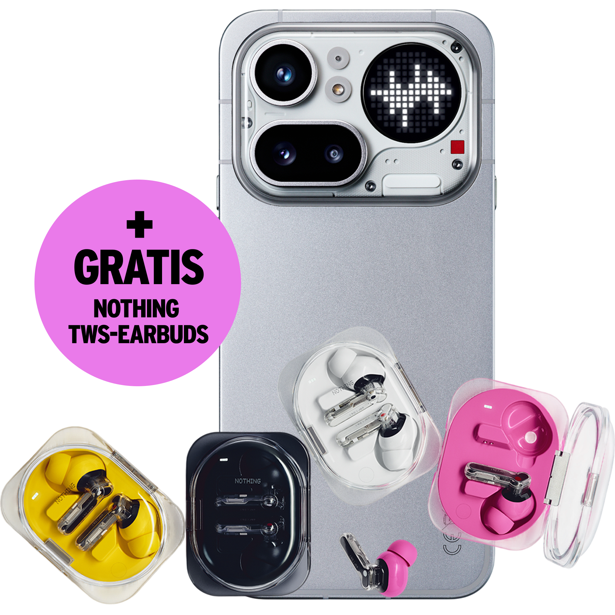 Nothing Phone (4a) Pro in Grau von hinten mit transparentem Kameramodul und Pixel-Display, davor Ladecases mit Earbuds in Gelb, Schwarz, Weiß und Pink, dazu Badge „+ Gratis Nothing TWS-Earbuds”.