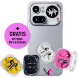 Nothing Phone (4a) Pro in Grau von hinten mit transparentem Kameramodul und Pixel-Display, davor Ladecases mit Earbuds in Gelb, Schwarz, Weiß und Pink, dazu Badge „+ Gratis Nothing TWS-Earbuds”.