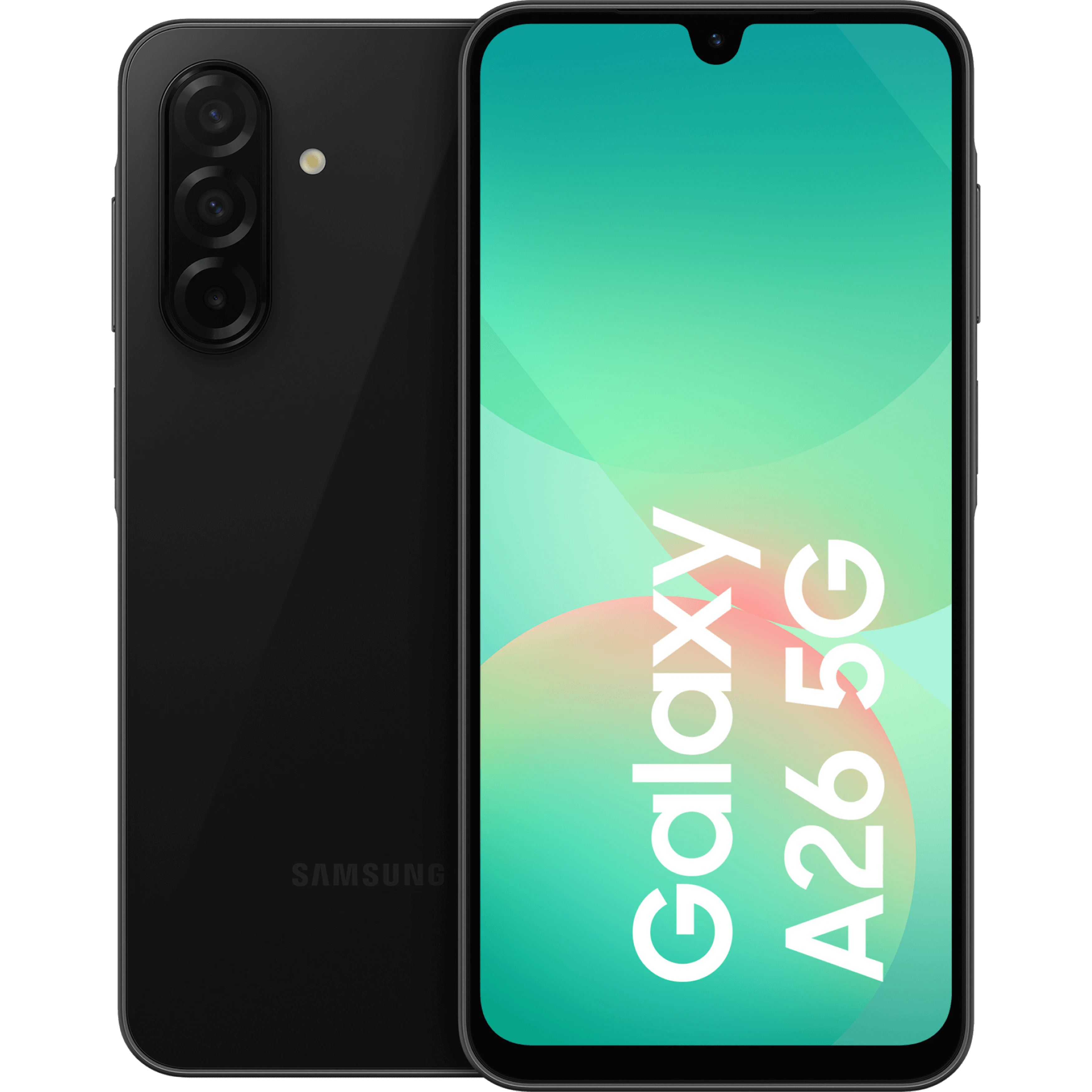 Vorder- und Rückansicht Samsung Galaxy A26 Schwarz. Vorder- und Rückansicht Samsung Galaxy A26 Schwarz.