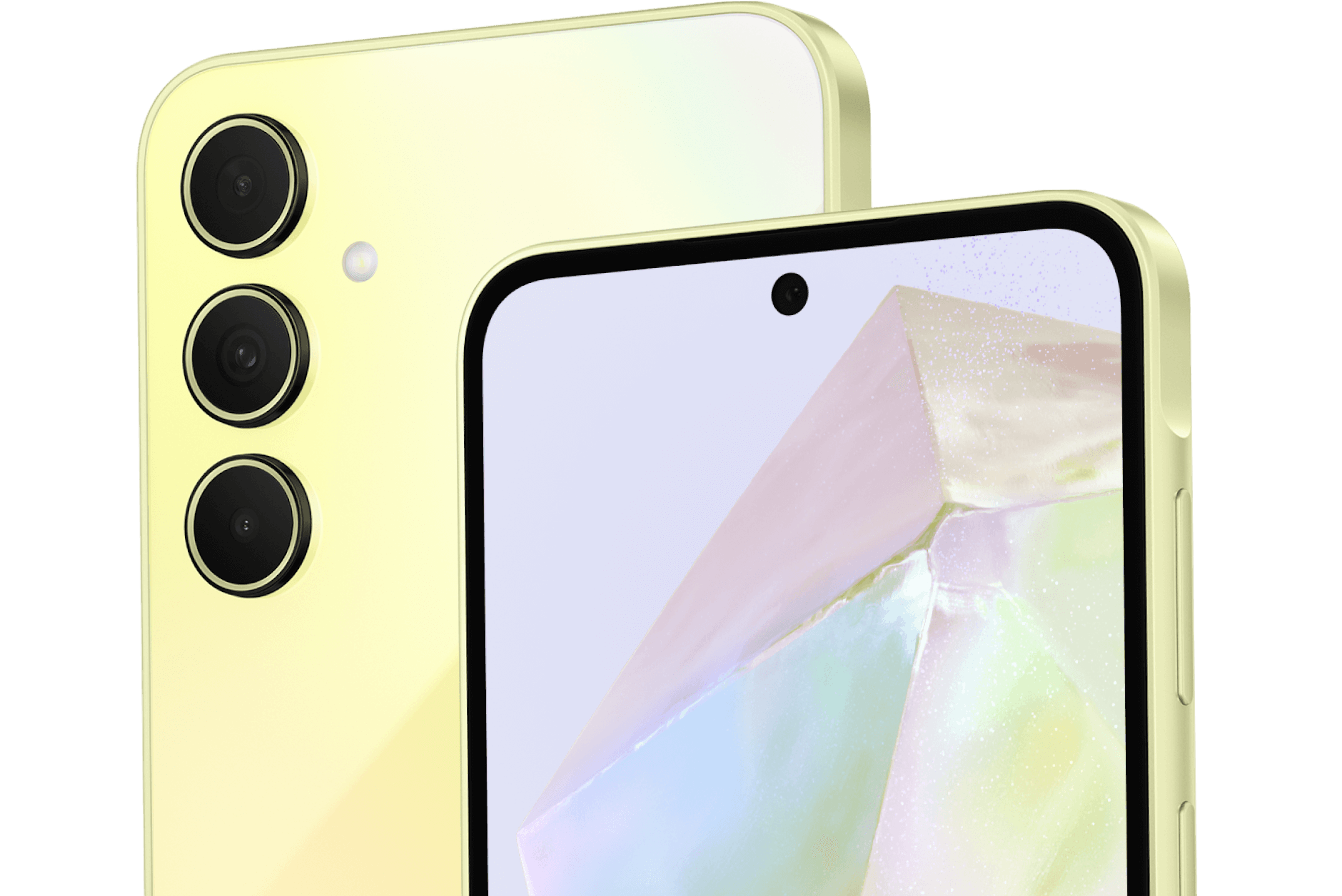 Highlight Bild vom Gerät Detailansicht Kamera und Vorderseite Samsung Galaxy A35 Gelb.