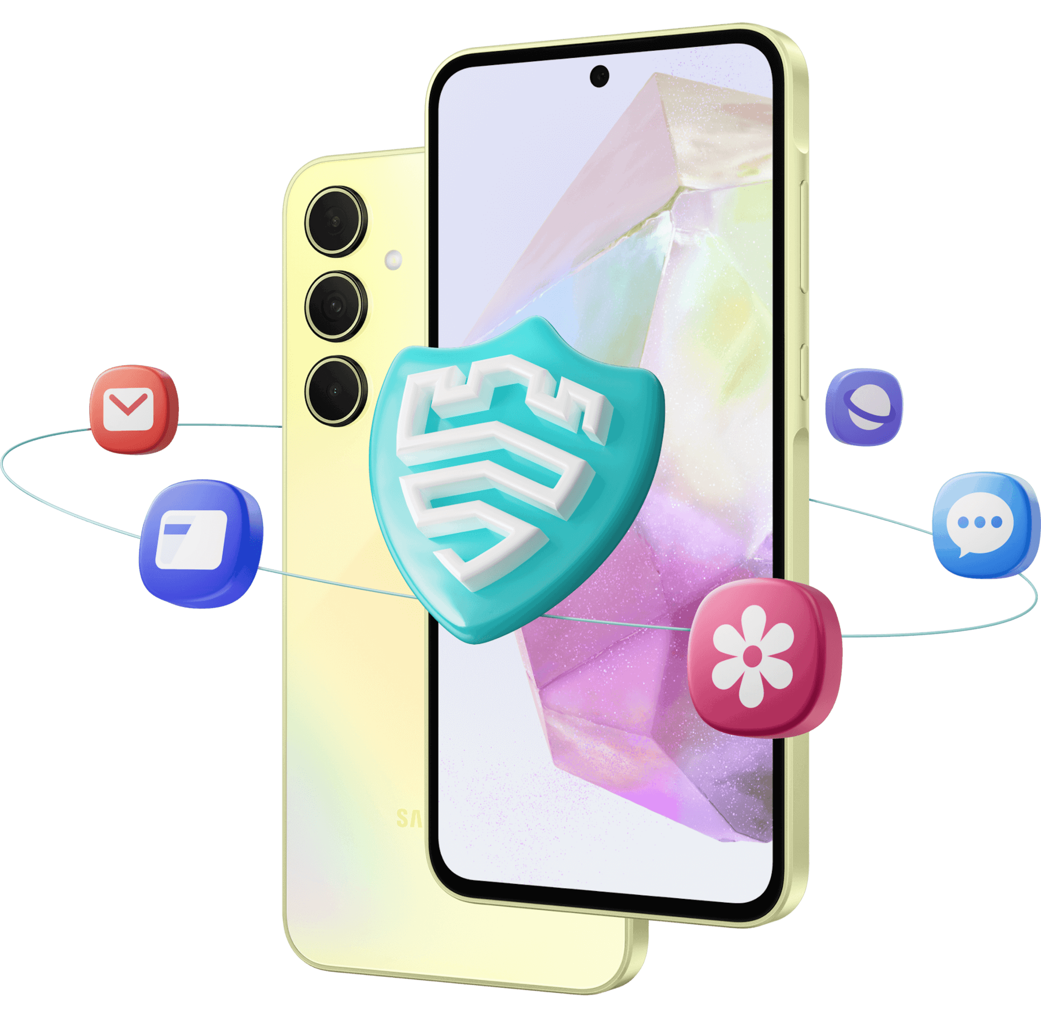 Vorder- und Rückansicht Samsung Galaxy A35 mit umkreisenden App-Icons.