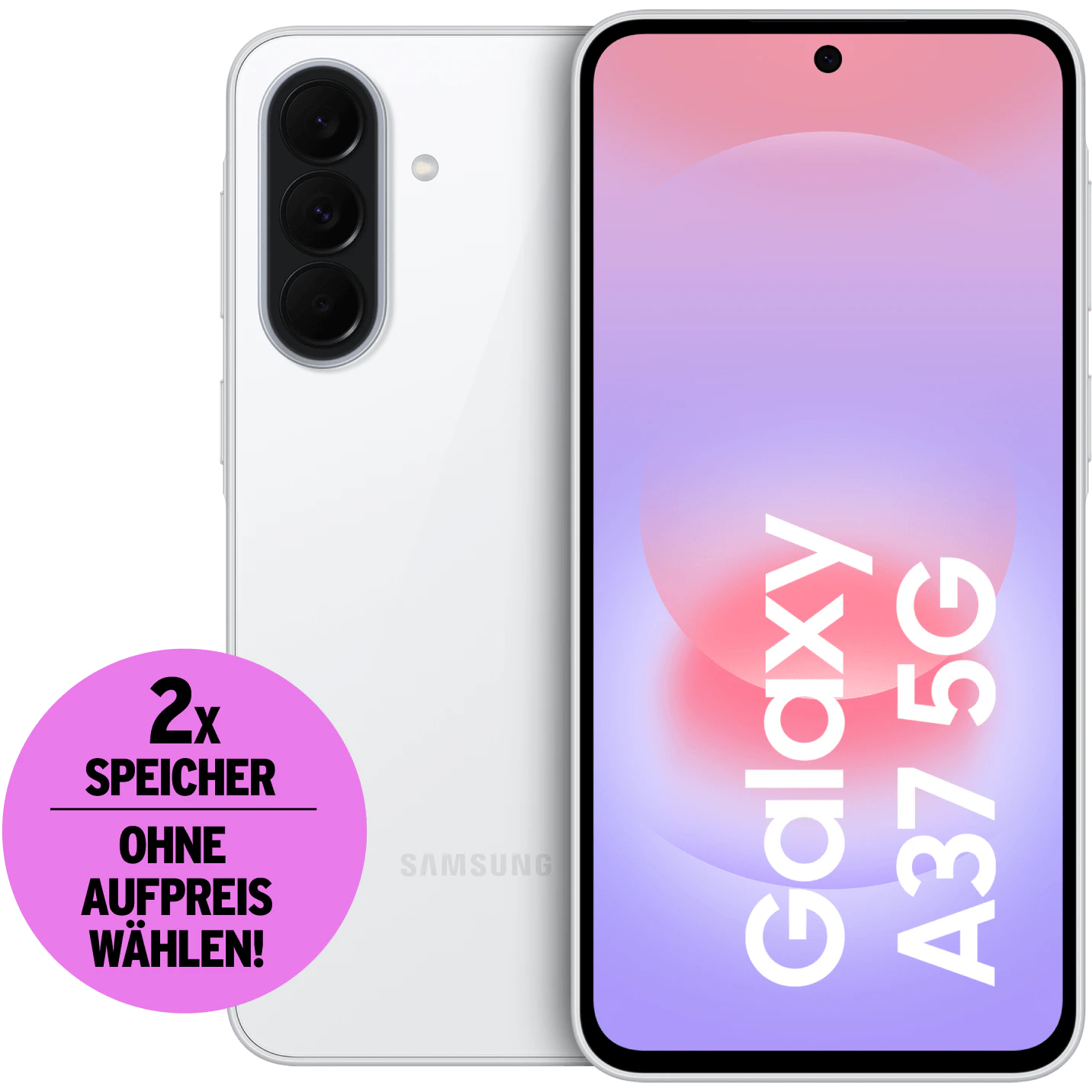 Vorder- und Rückansicht Samsung Galaxy A37 Weiß. Doppelten Speicher ohne Aufpreis wählen.