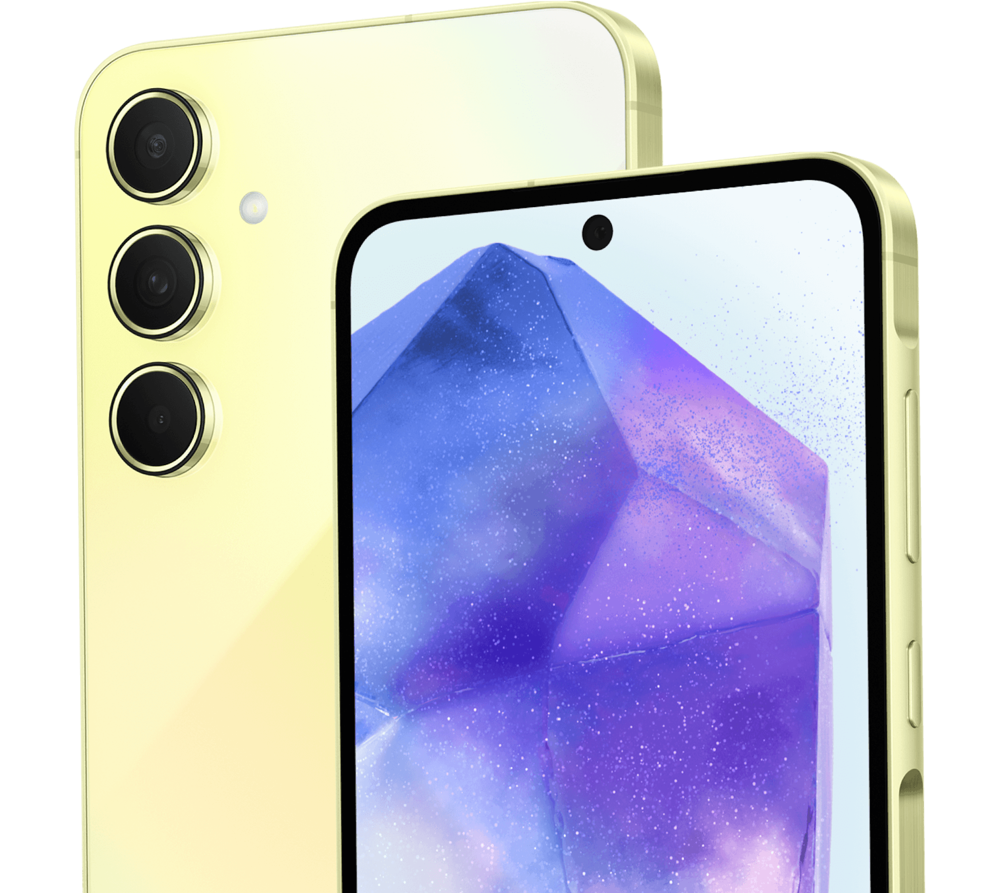 Highlight Bild vom Gerät Detailansicht Kamera und Vorderseite Samsung Galaxy A55 Gelb.