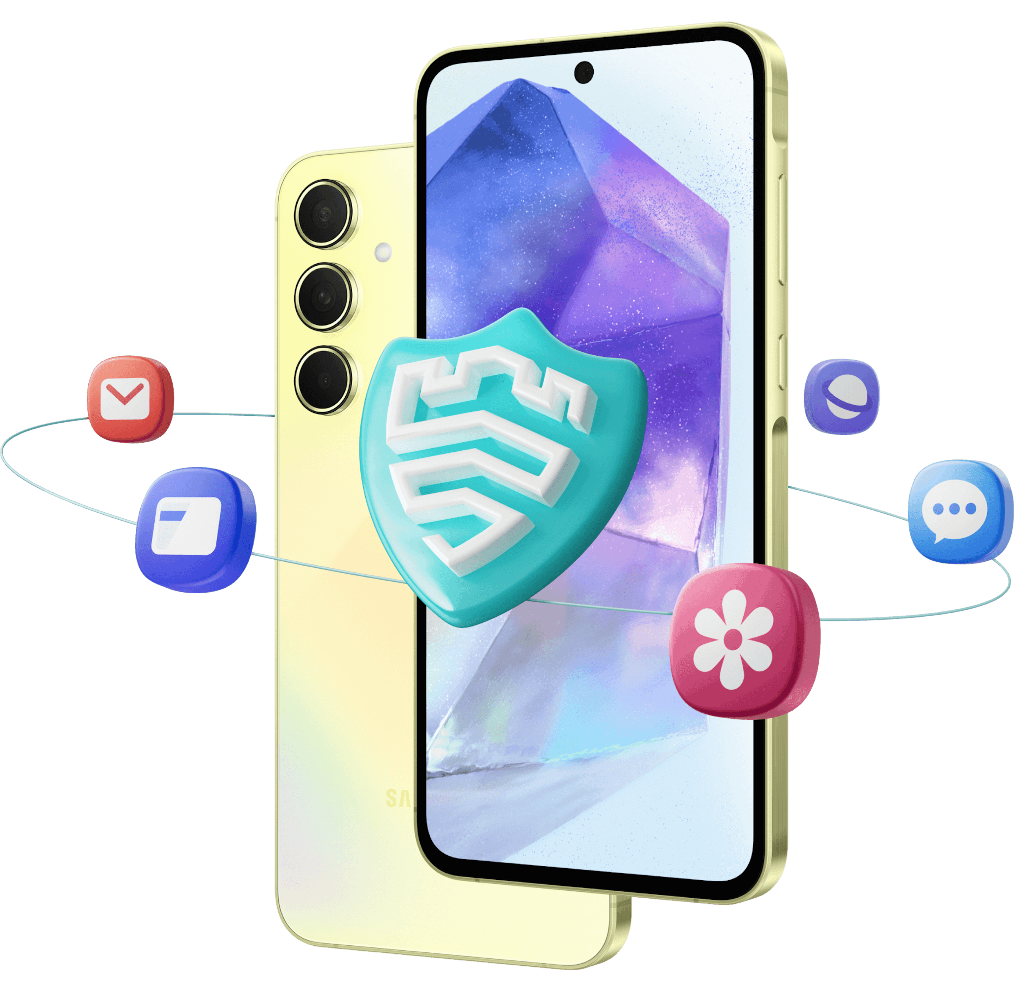 Highlight Bild vom Gerät Schräge Vorder- und Rückansicht Samsung Galaxy A55 Gelb mit umkreisenden App-Icons.