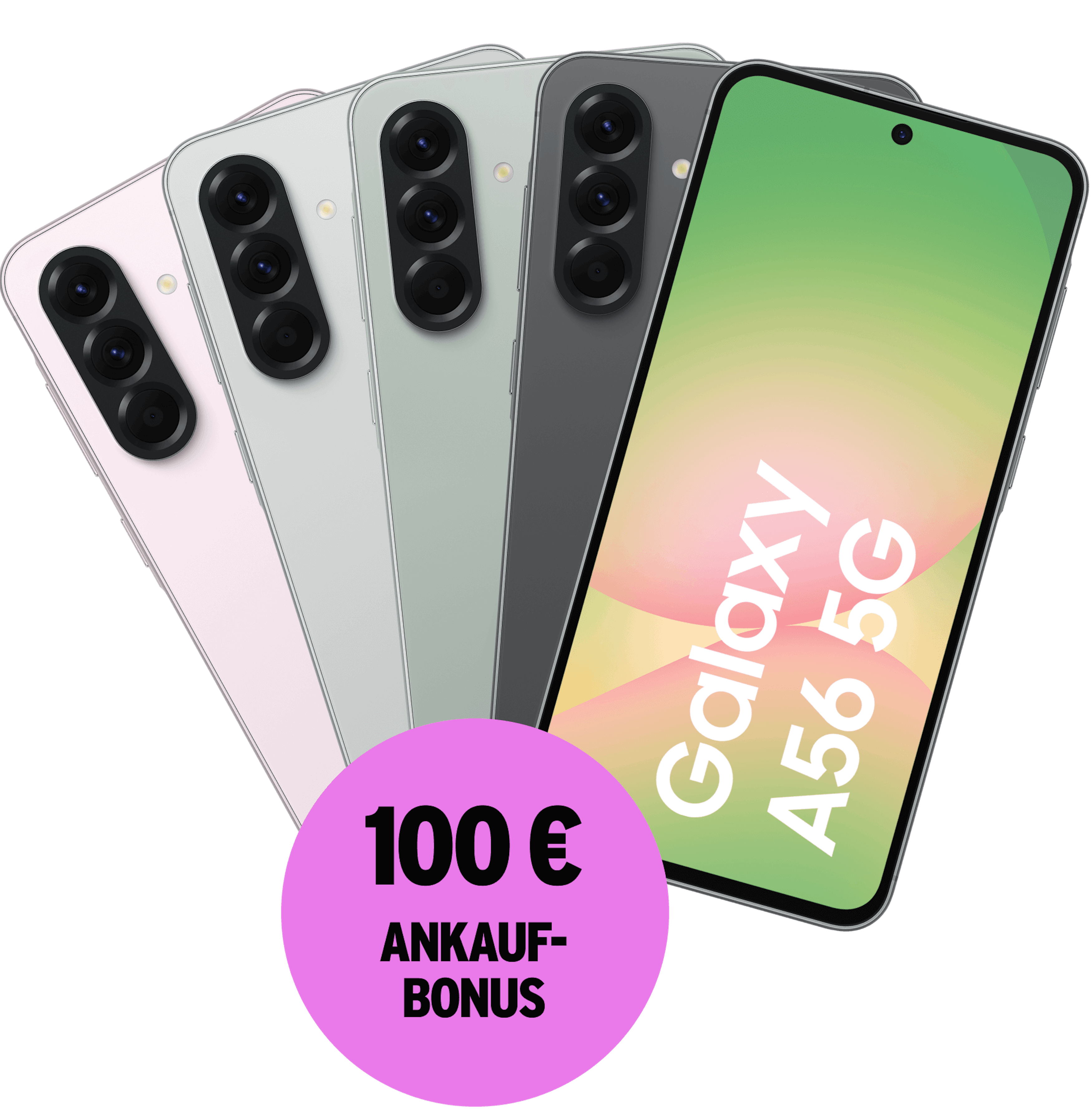 Highlight Bild vom Gerät Mehrere Samsungs in verschiedenen Farben. 100 € Ankaufbonus.