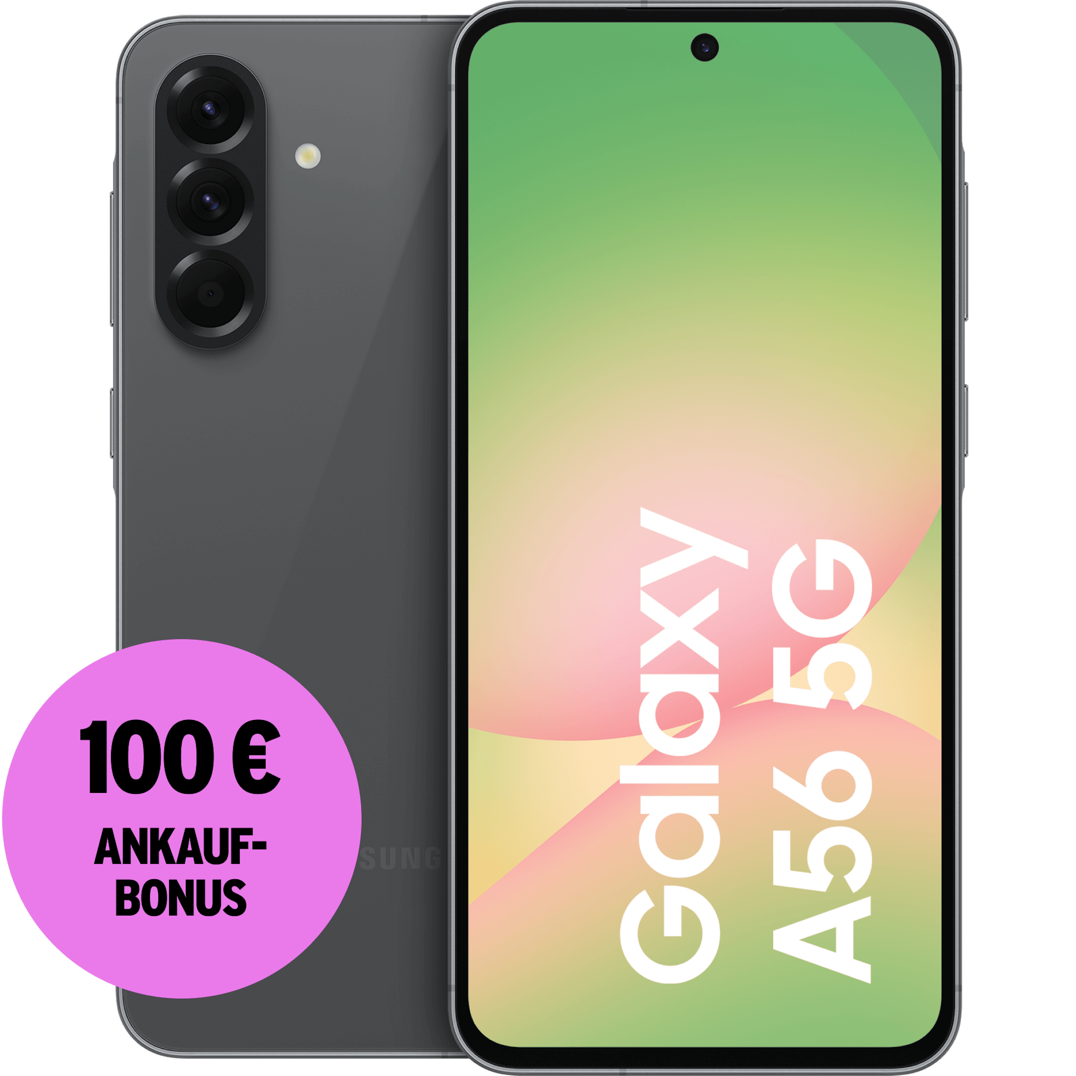 Vorder- und Rückansicht Samsung Galaxy A56 Graphit mit 100 € Ankaufbonus.