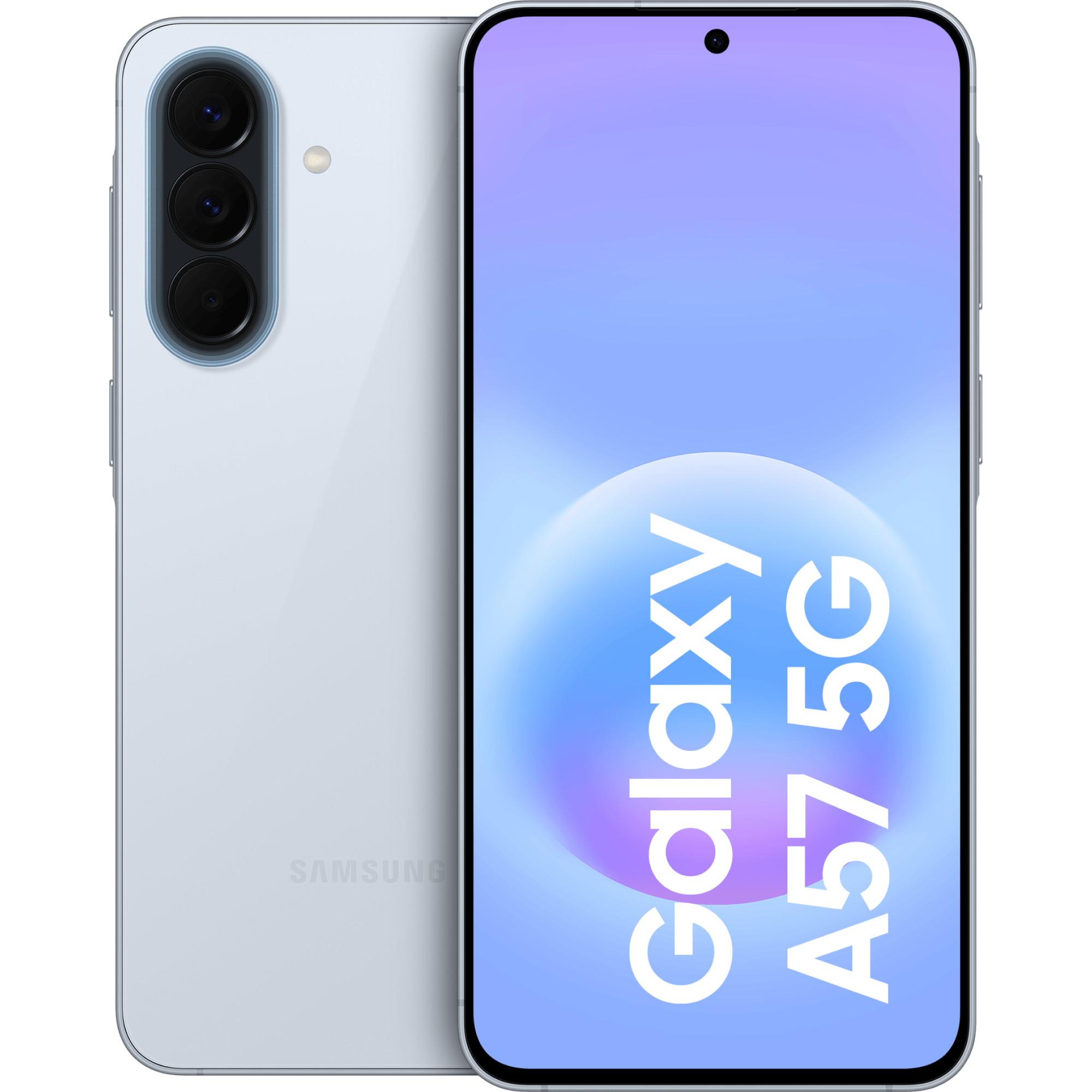 Vorder- und Rückansicht Samsung Galaxy A57 Hellblau.