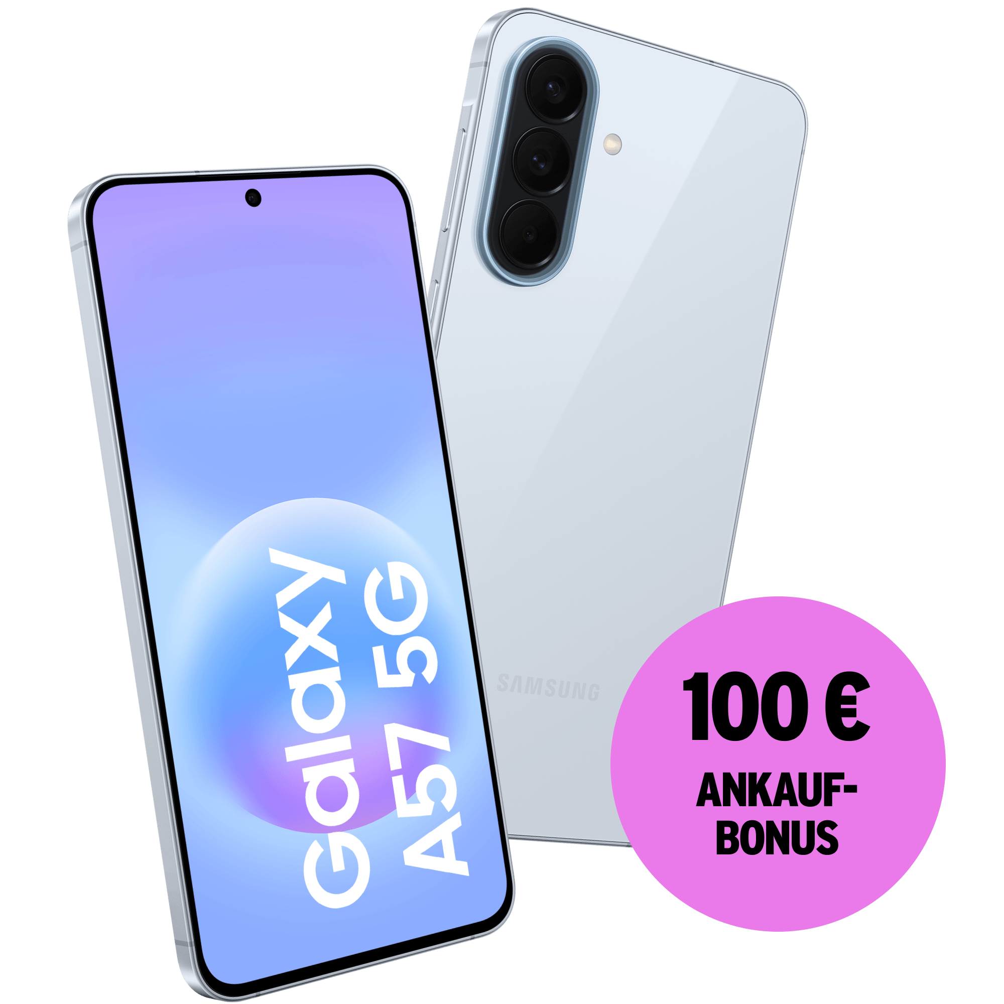Schräge Vorder- und Rückansicht Samsung Galaxy A57 Hellblau. 100 € Ankaufbonus.