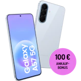Schräge Vorder- und Rückansicht Samsung Galaxy A57 Hellblau. 100 € Ankaufbonus.