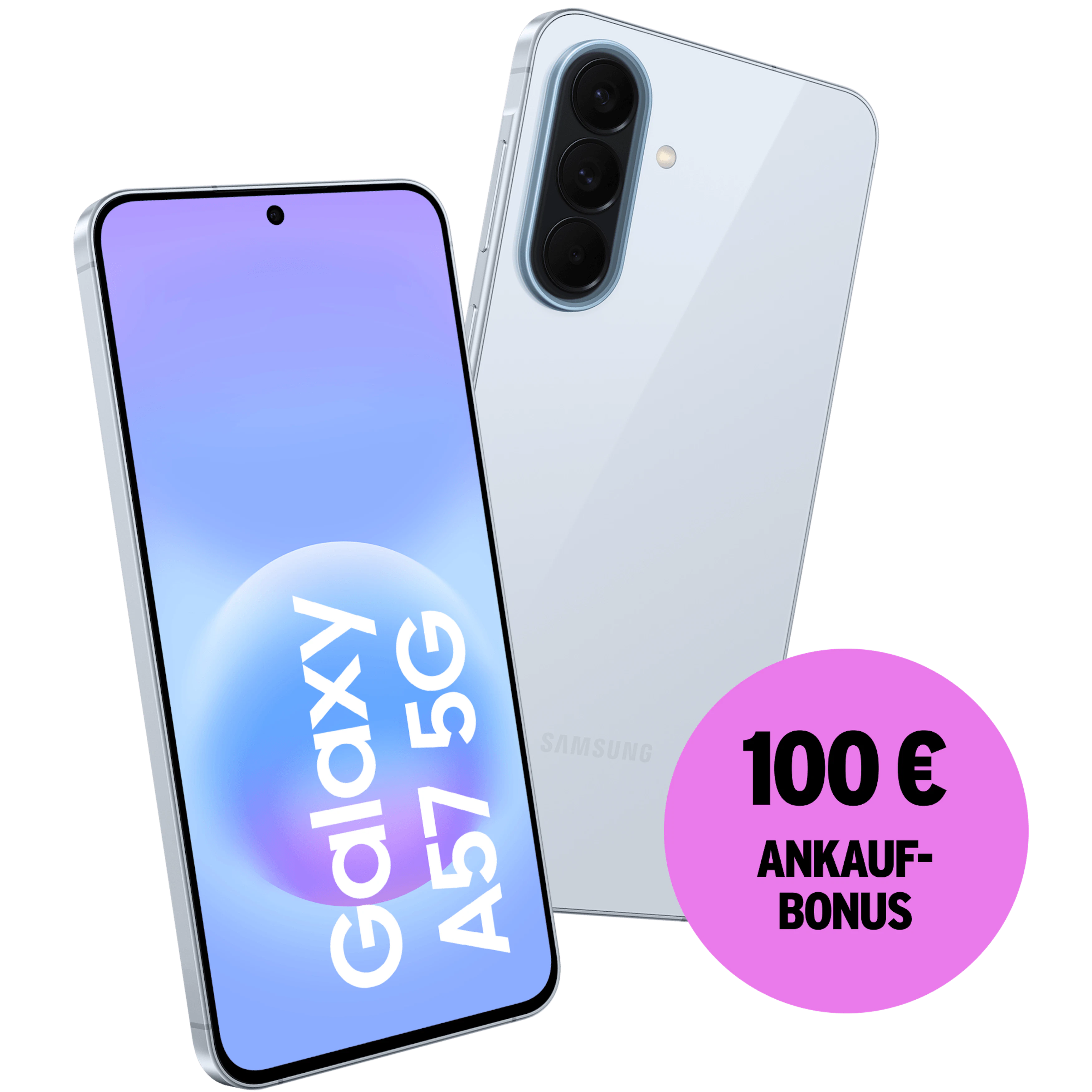 Schräge Vorder- und Rückansicht Samsung Galaxy A57 Hellblau. 100 € Ankaufbonus.