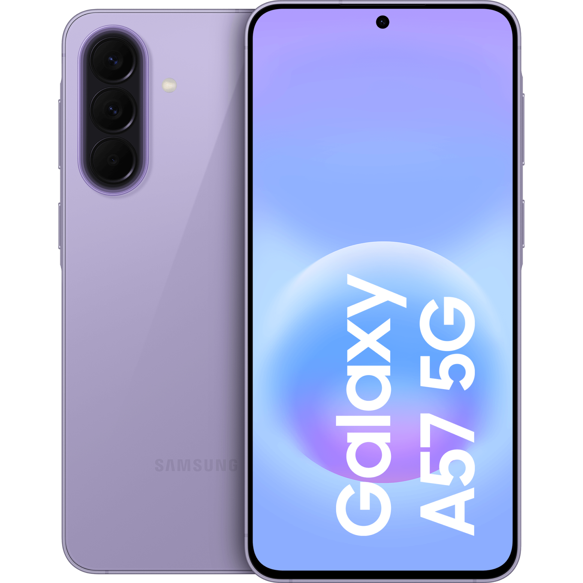 Vorder- und Rückansicht Samsung Galaxy A57 Helllila.