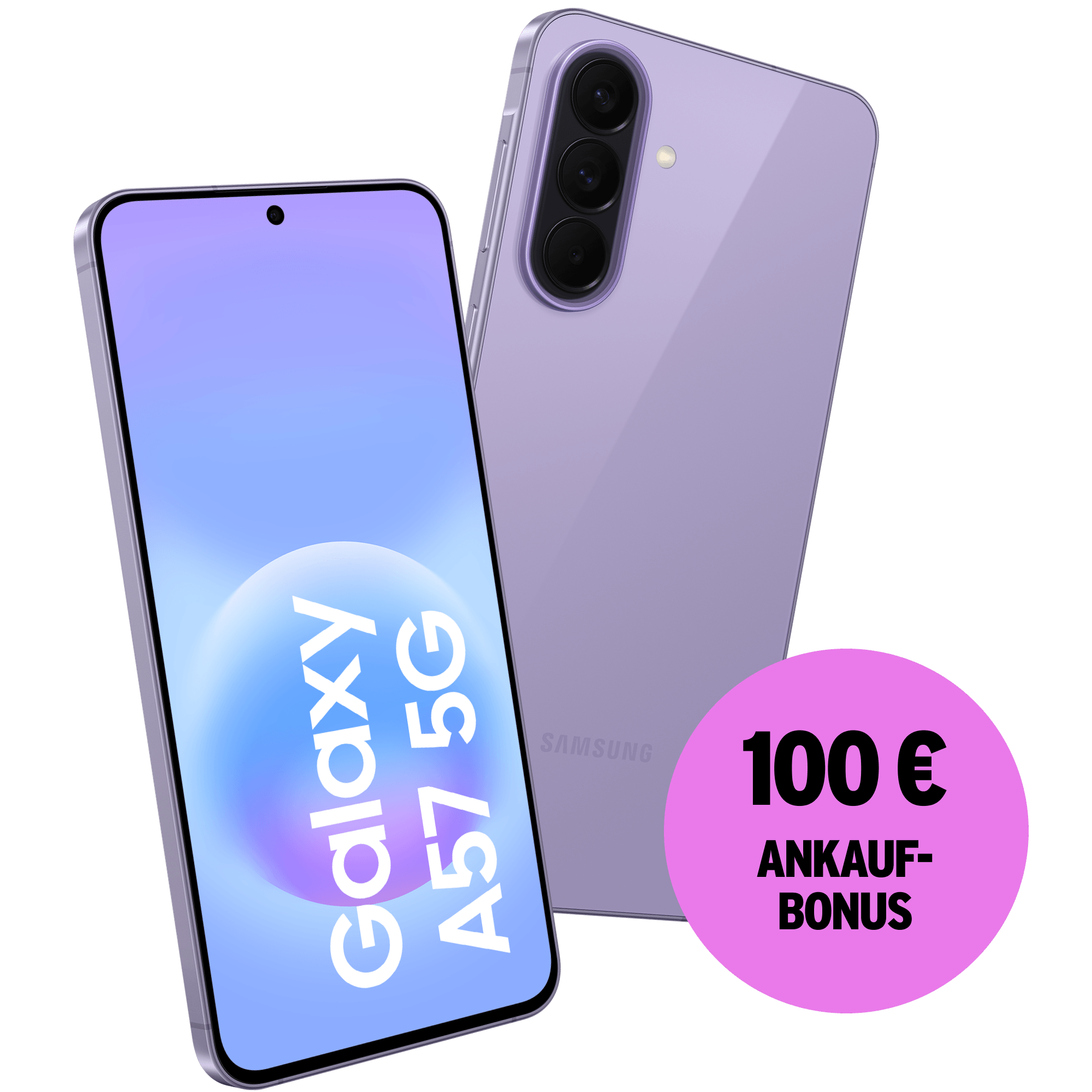 Schräge Vorder- und Rückansicht Samsung Galaxy A57 Helllila. 100 € Ankaufbonus.