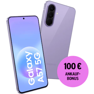 Schräge Vorder- und Rückansicht Samsung Galaxy A57 Helllila. 100 € Ankaufbonus.