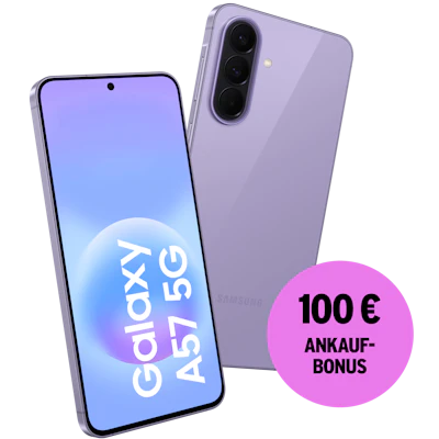 Schräge Vorder- und Rückansicht Samsung Galaxy A57 Helllila. 100 € Ankaufbonus.