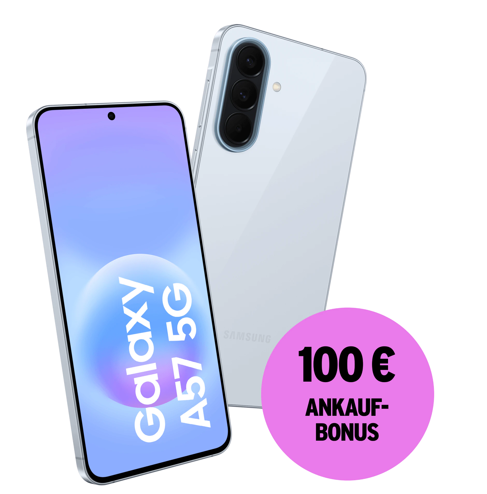 Schräge Vorder- und Rückansicht Samsung Galaxy A57. 100 € Ankaufbonus.