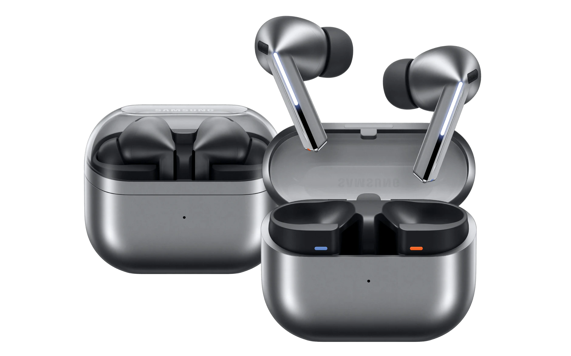 Samsung Galaxy Buds3 Pro Silber mit geöffnetem und geschlossenem Case.